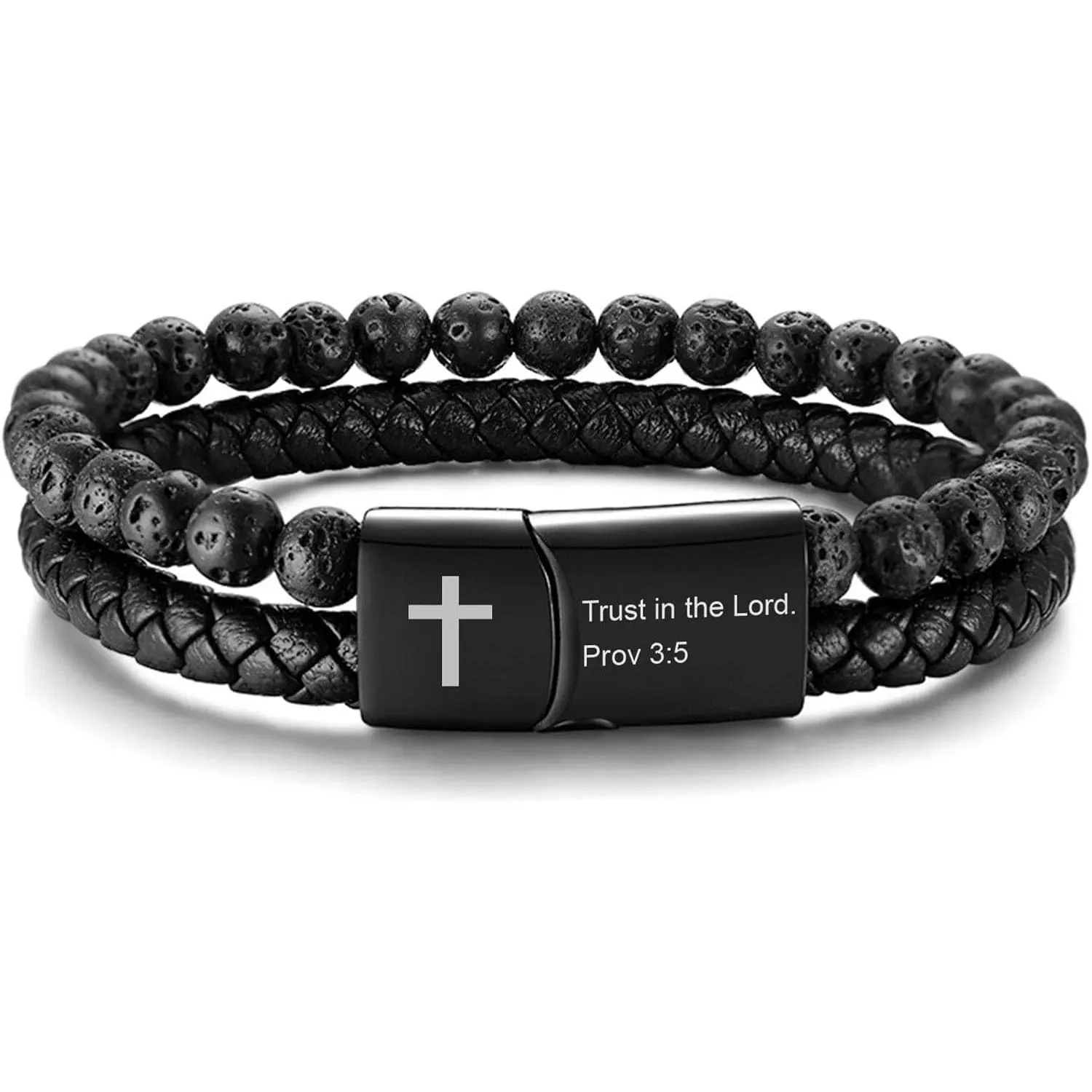 Men's Cross Bracelet for Men : Inspirational Bible Verse Black Leather Bracelets Christian Catholic Religious Jewelry Gifts Ideas for Man, Healing Lava Rock Bead Cross Bracelet Leather Wristband