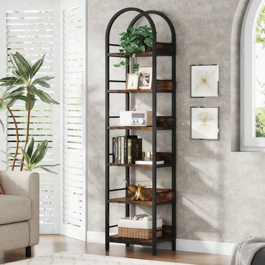 6-Tier Open Bookshelf, 78.7" Tall Arched Bookcase Narrow Bookshelf With Metal Frame, Freestanding Corner Bookcase Display Shelves Living Room, Home Office