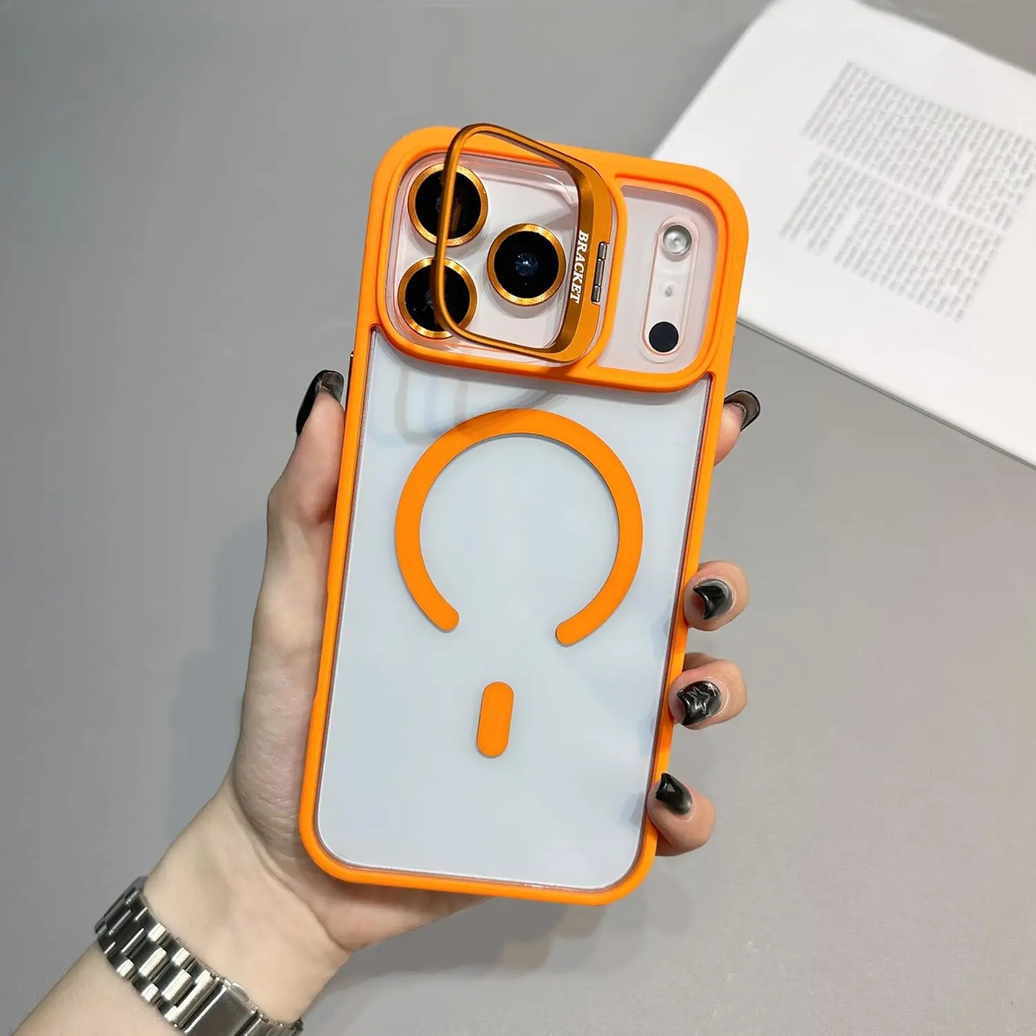 Case for iPhone 17 Pro Max,Military Grade Drop Built-in Lens Kickstand Slim Protective Shockproof Transparent with Wireless Charging Phone Case for iPhone 17 Pro Max (Orange)