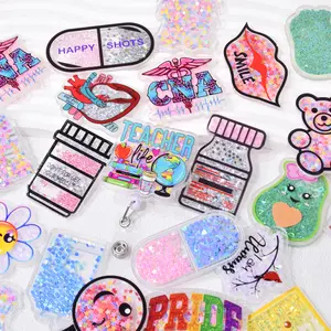 2D Flat, Mix 20pcs Shaker Badge Reel Supplies, Acrylic Resin Flat Back, Glitter Resin Planar Cabochon DIY Badge Reel Keychain Charms