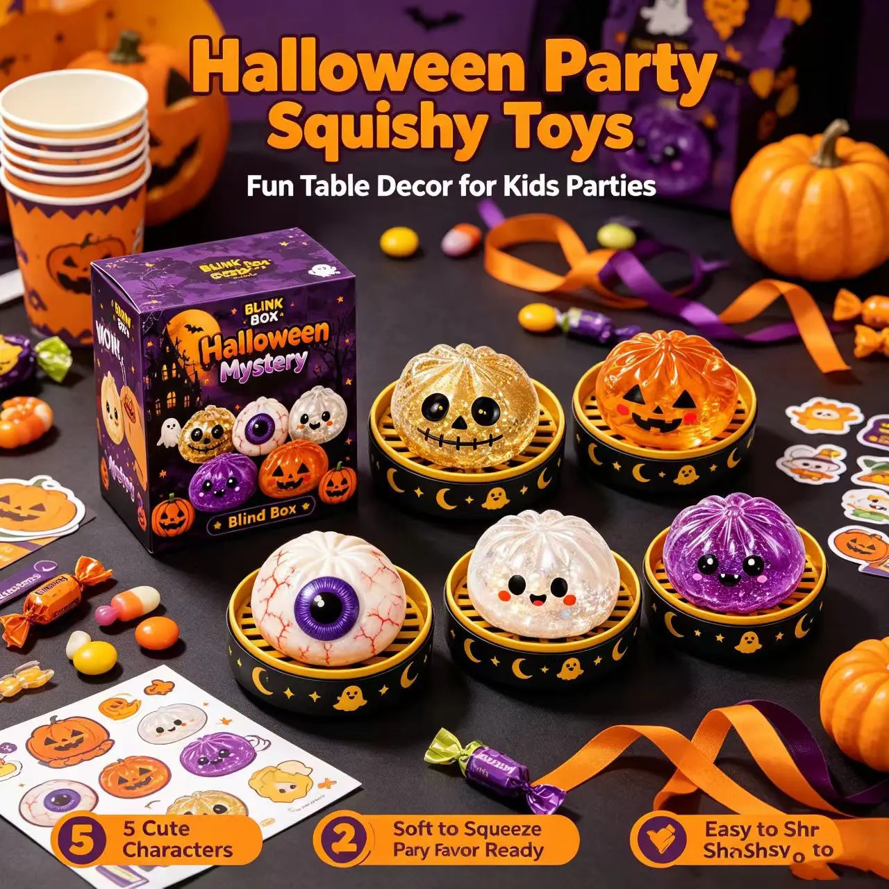 Halloween Mystery Blind Box Squishy Toy Set of 5, Soft Glitter Pumpkin Ghost Eyeball Squeeze Fidget Toys, Stress Relief Sensory Toy, Halloween Party Favors Gift for Kids