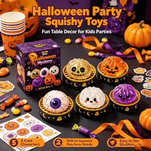 Halloween Mystery Blind Box Squishy Toy Set of 5, Soft Glitter Pumpkin Ghost Eyeball Squeeze Fidget Toys, Stress Relief Sensory Toy, Halloween Party Favors Gift for Kids