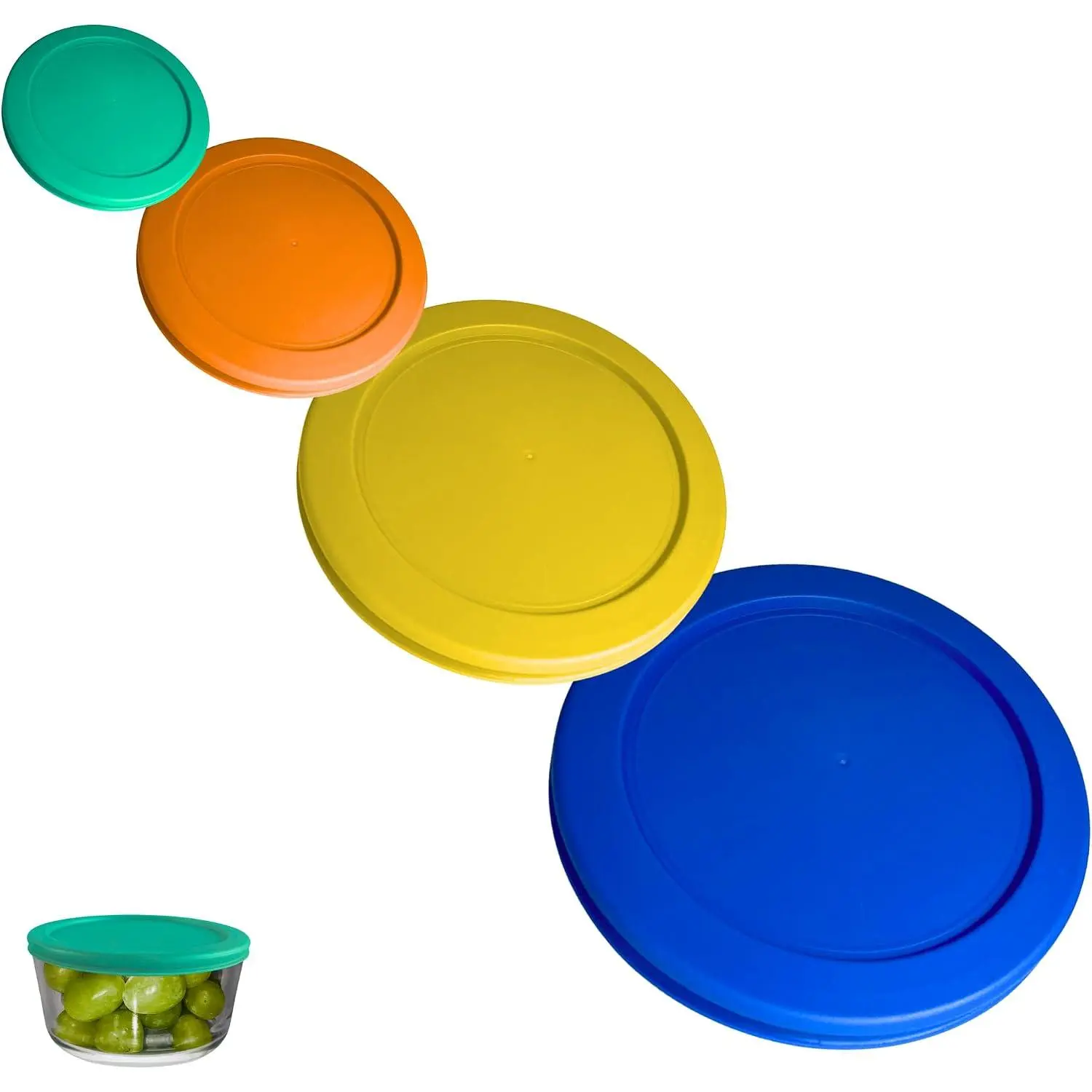 1, 2, 4 & 7 Cup Green, Orange, Yellow, Blue  /Covers for , Anchor Hocking &  Storage Bowls * Only Glass Container Not Included* (4 Pack * of Each Size*)