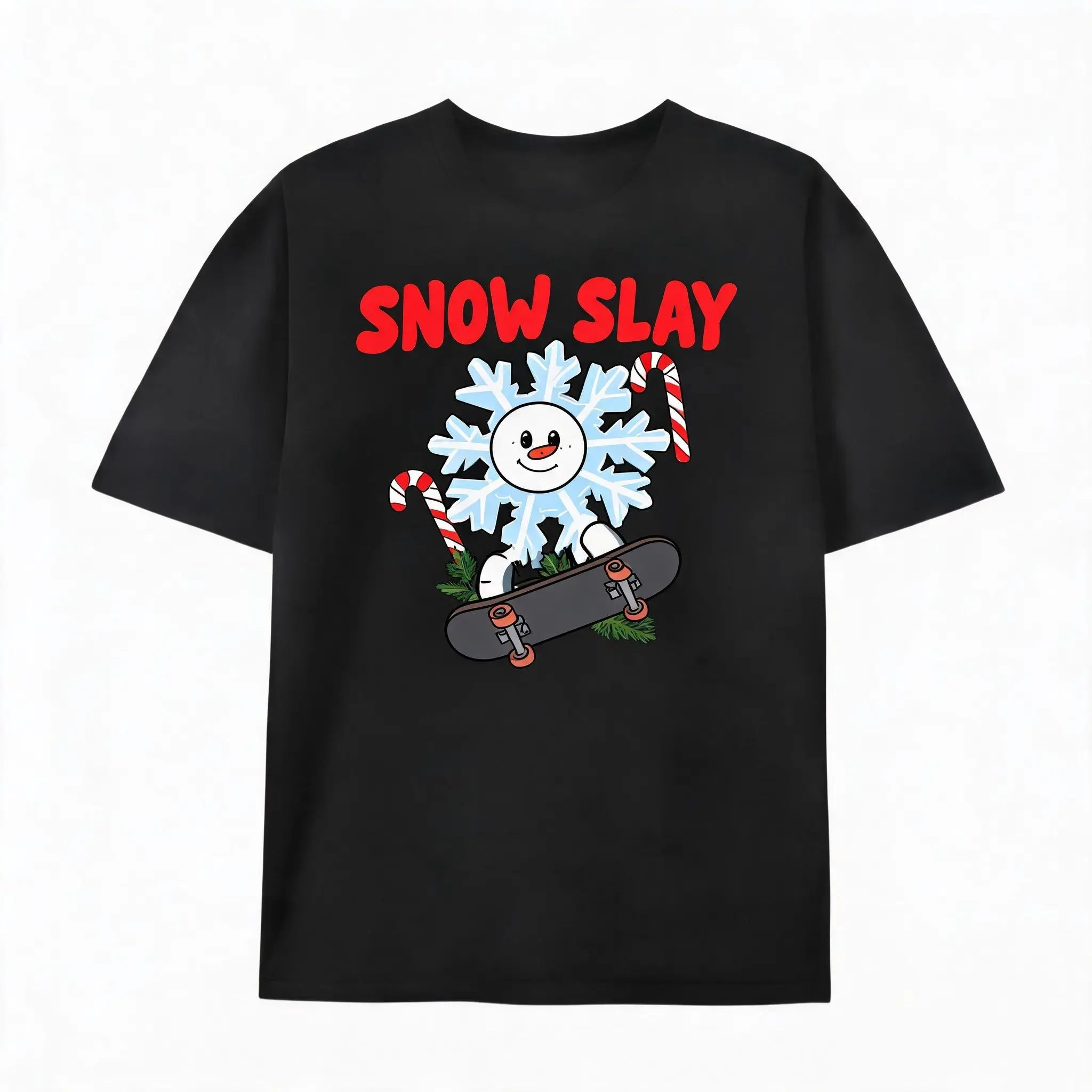Christmas Skateboard Funny Tee – "Snow Slay" Cute Snowflake Man on Skateboard with Candy Cane, Holiday Humor Cotton Shirt, SummerVibes Ideal Gift For Skaters & Teens, Best Xmas Winter Outfit, Novelty Black Graphic Top