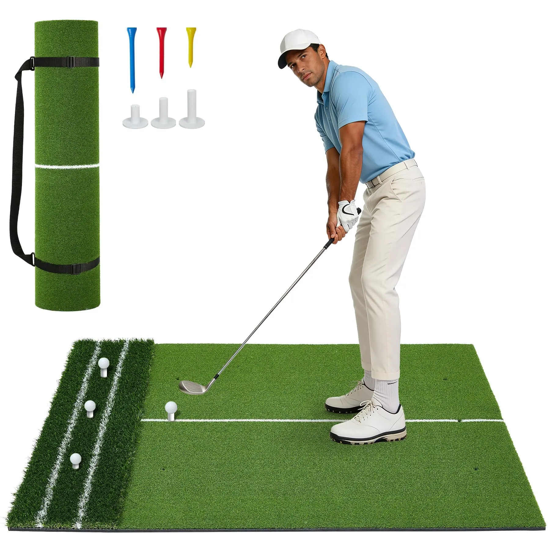 Dual Turf Golf Practice Mat Only with Alignment Lines, High Density Artificial Turf Portable Hitting Mat for Indoor and Outdoor Swing, Chipping and Driving Training, Comes with Carry Strap and 6 Tees, Premium Golf Training Aid