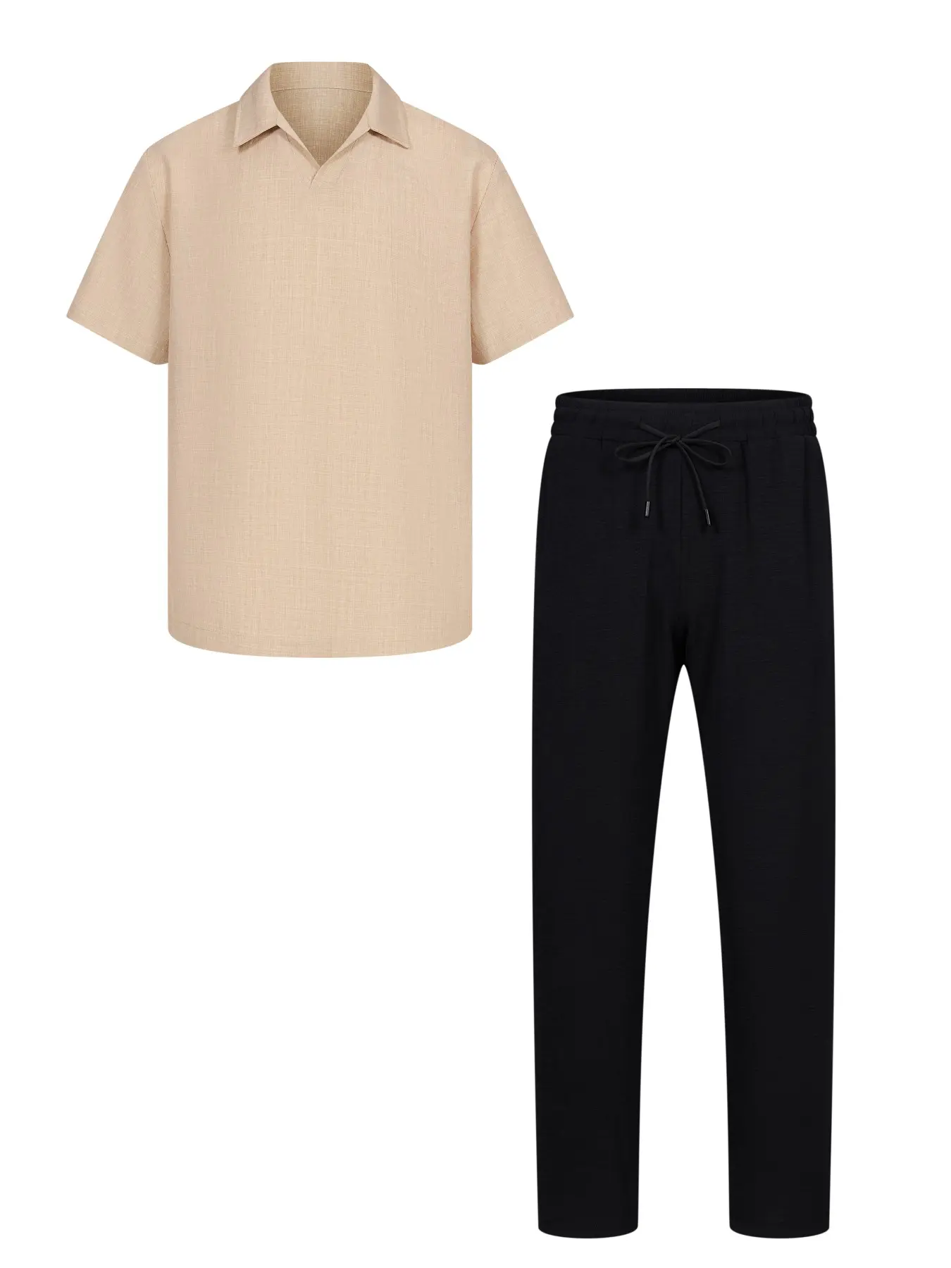 Old Money Style Two-Piece Set, Cuban V-Neck Short Sleeve Pants, Solid Pattern, Loose-Fit, All Seasons, Men's Clothing Set S-Xl