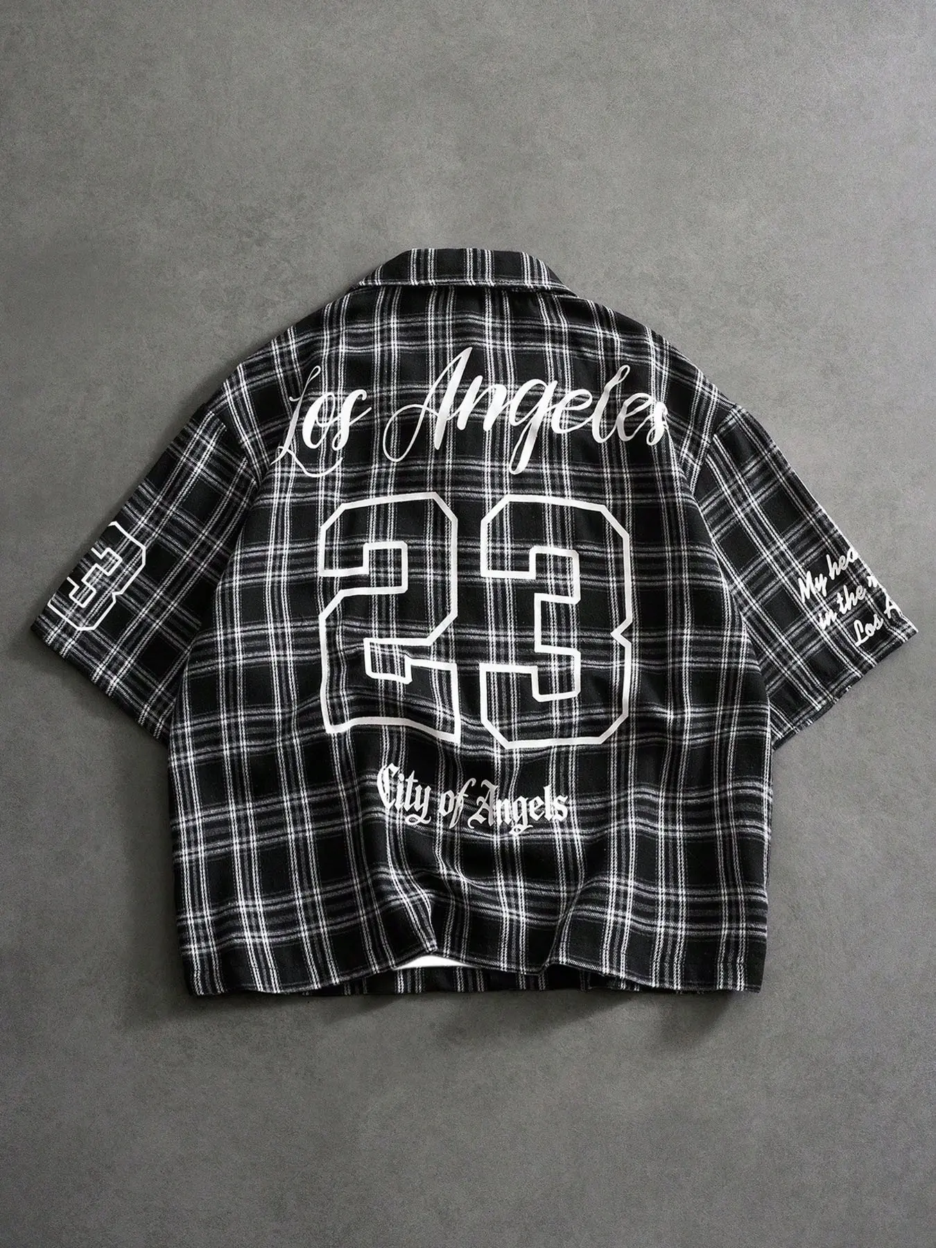 American retro Los Angeles style, men's 23 printed Checked plaid shirt, high street loose Casual black and white plaid short-sleeved shirt, Tops