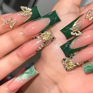 RUOKEXIN square press on false nails, fresh green French tip with shiny gold glitter, decorated with 3D golden butterfly. Glue-on reusable shiny artificial nails, sweet manicure for daily dating looks.