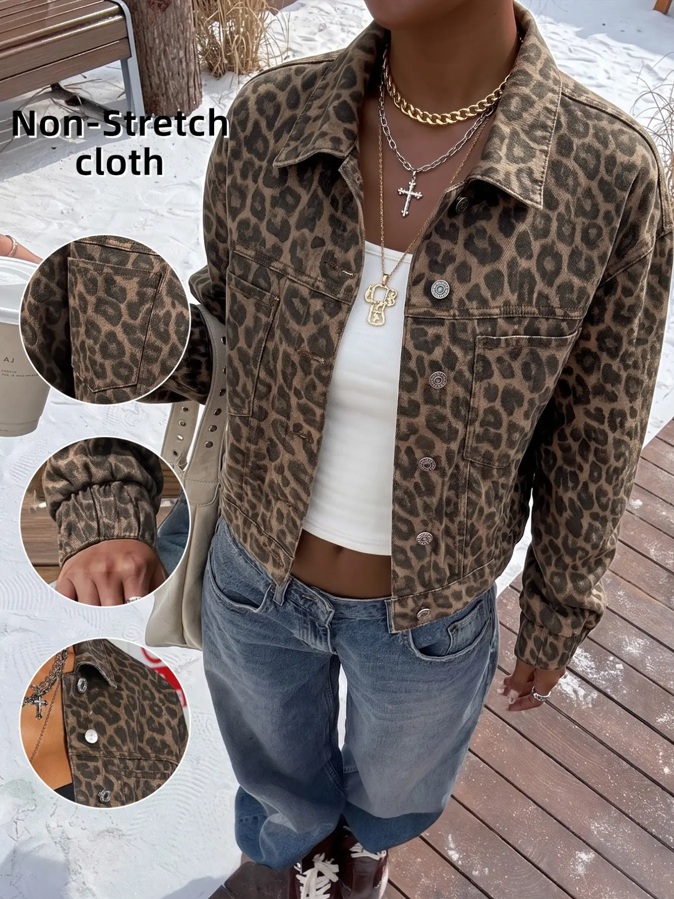 Vintage Leopard Print Non-Stretch Cropped Denim Jacket, Young Girls Oversized Y2K Hip Hop Urban Street Trucker Coat, Streetwear