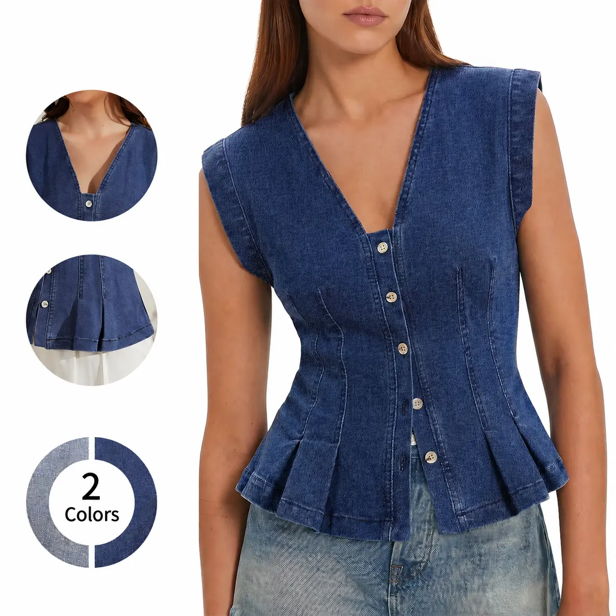 Women's V Neck Denim Vests Tops, Button Down Y2k Fitted Pleated Sleeveless Jean Tops for Daily Wear, Vacation, Trip