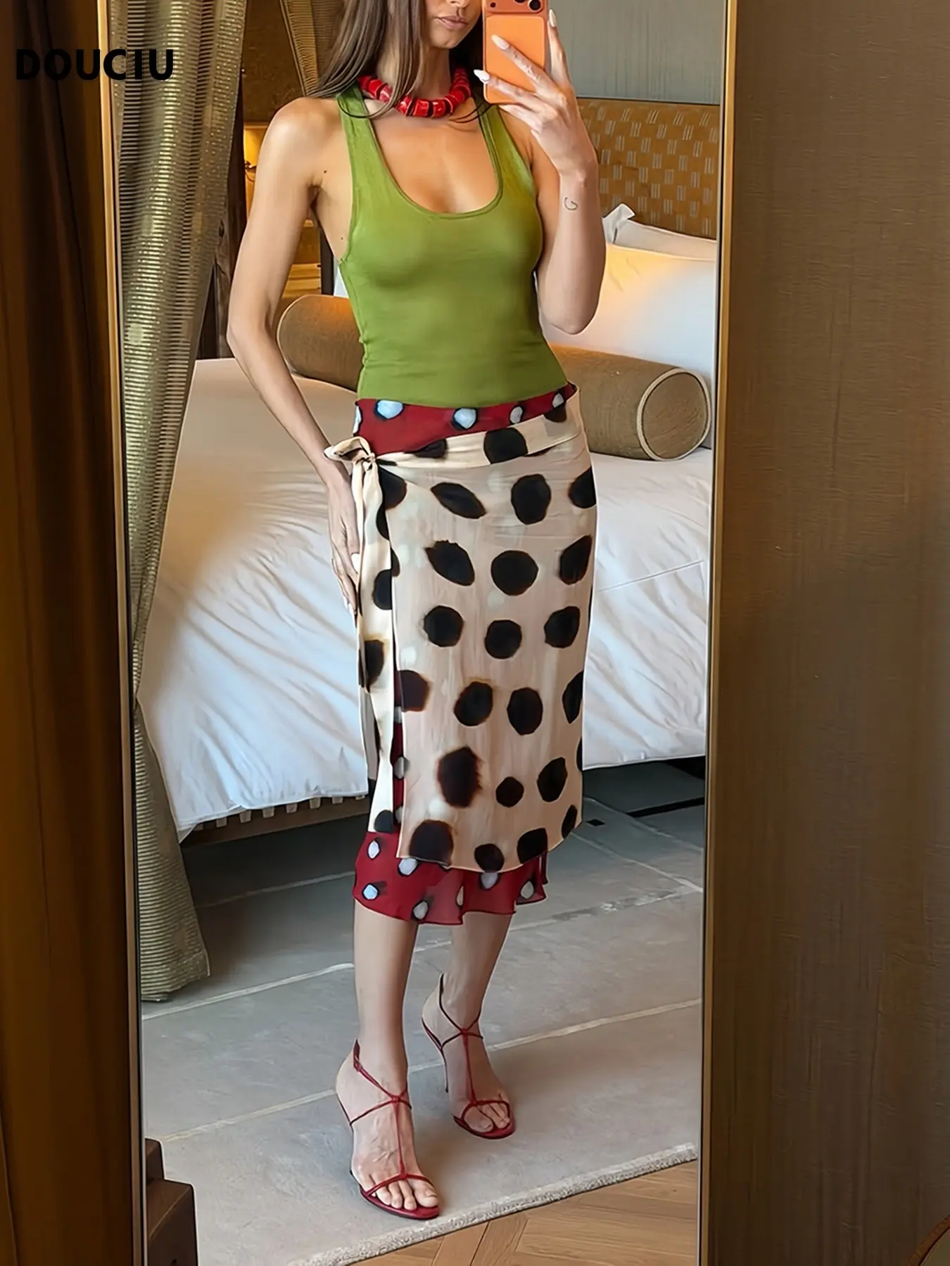 DOUCIU Trendy Streetwear Midi Skirt, Casual Bodycon Skirt, Leopard Print Mesh Patchwork, Slim Fit, Lightweight, Perfect for Music Festivals, Hip Hop, Rap, Women's Fashion