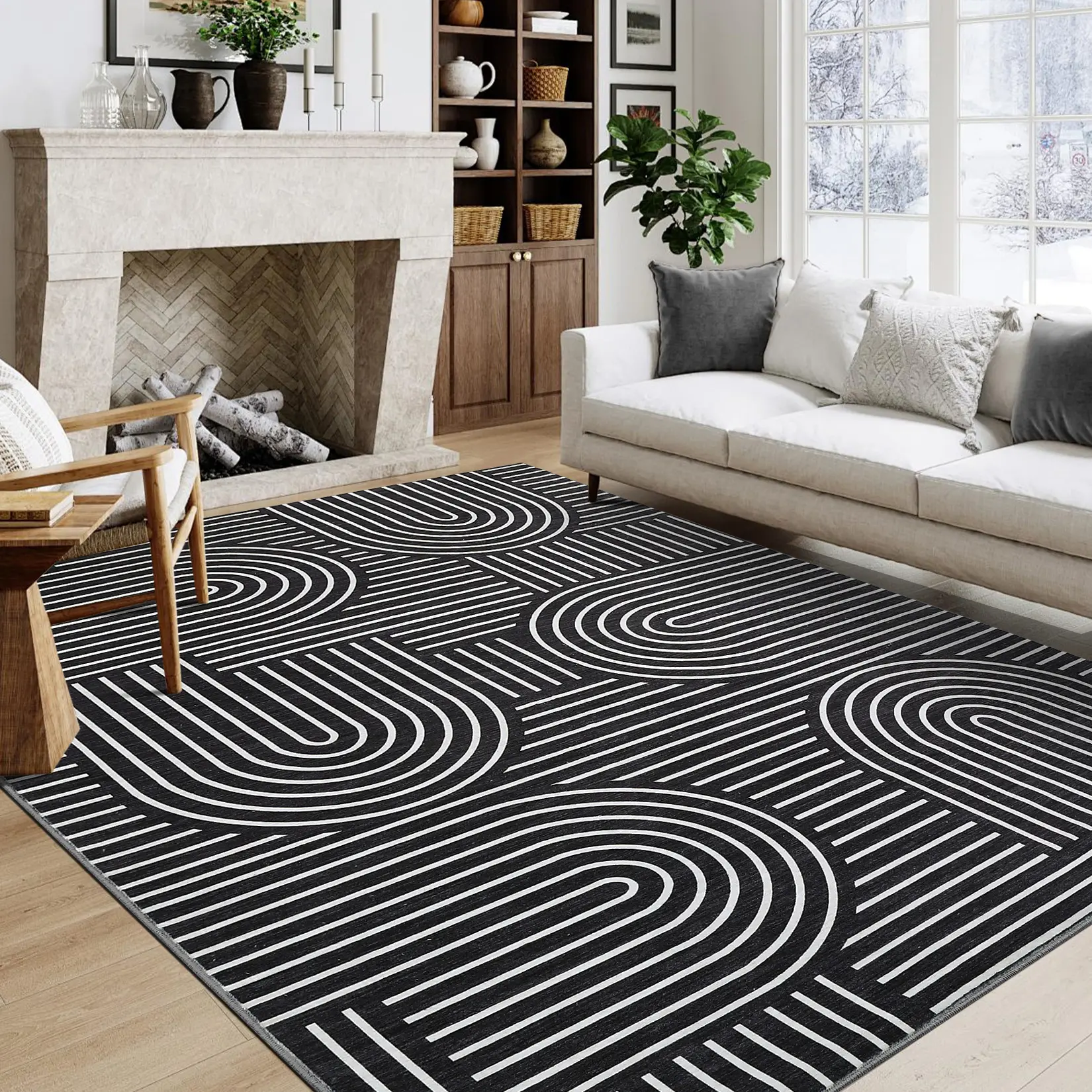 Modern Geometric Abstract Striped Area Rug, Ultra Thin Foldable Low-Pile Soft Lint-Free Stain-Resistant Non-Slip Washable Decor Rug for Bedroom Living Room Dining Room Playroom Indoor Home Decor