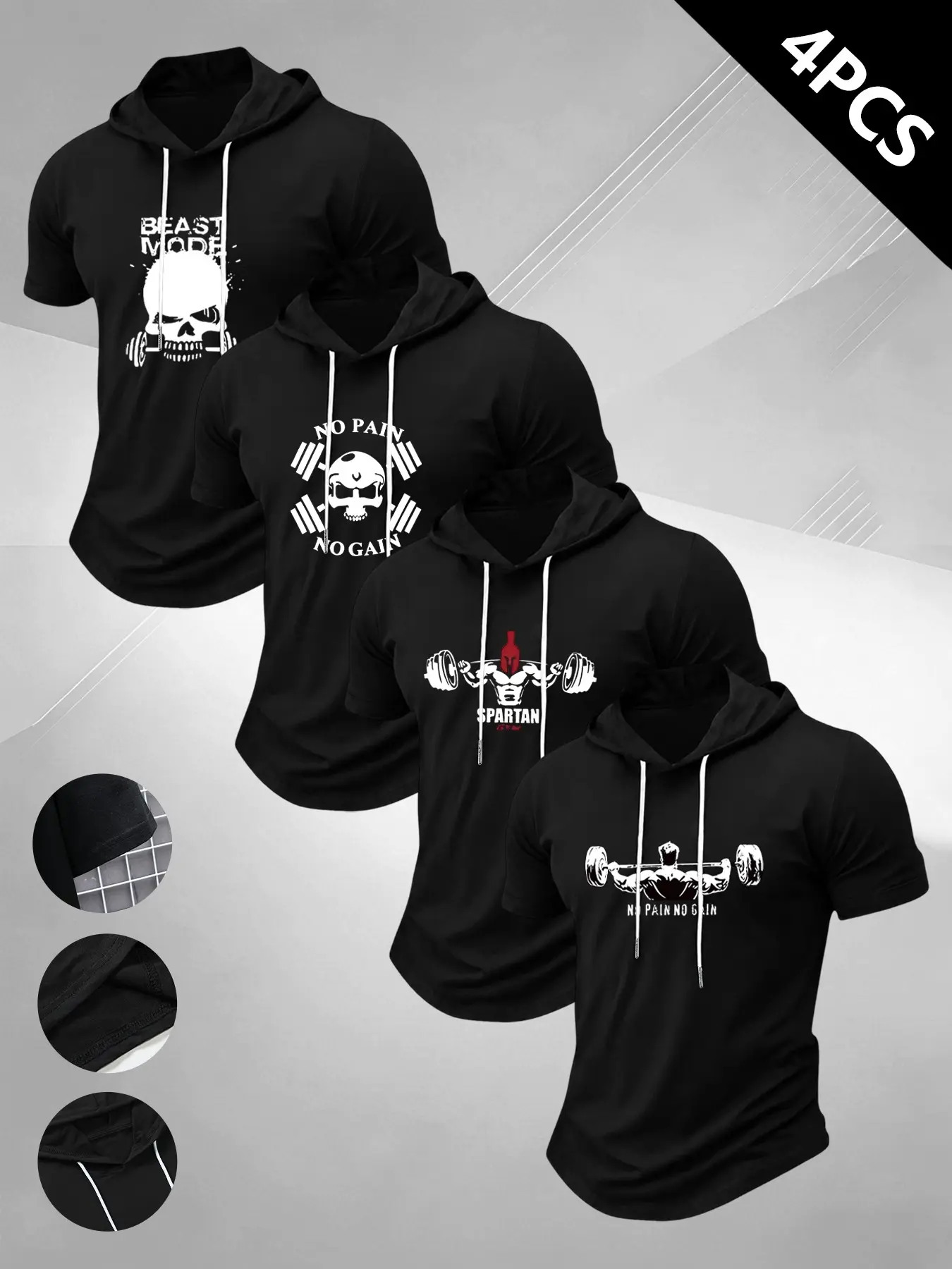 4-Pack Summer New Men's Fitness Skull Dumbbell Print Short Sleeve Hooded Top, Casual Home Wear or Outdoor Workout Essential