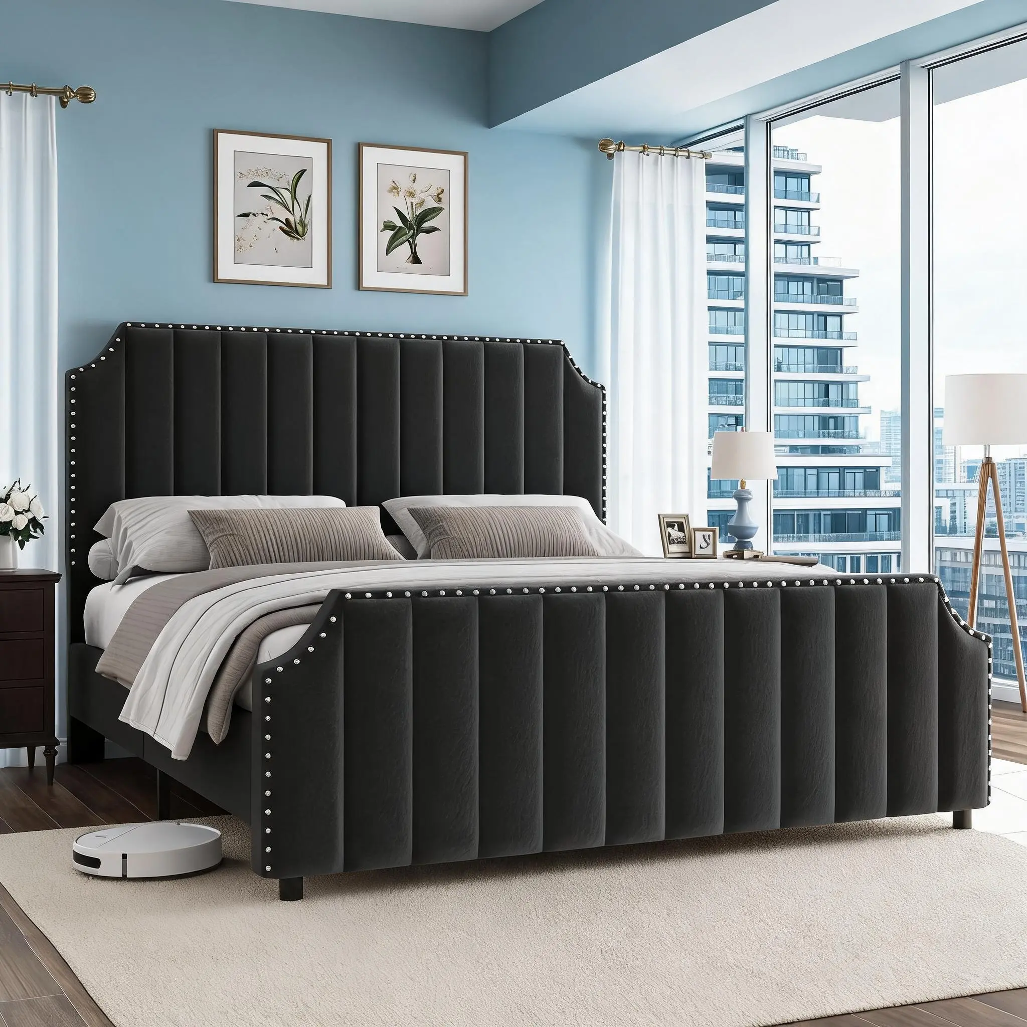 Queen/King/ Size Platform Bed Frame, Velvet Upholstered Bed with Vertical Channel Tufted 50.2" Tall Headboard & Footboard, Nailhead Trim, No Box Spring Needed