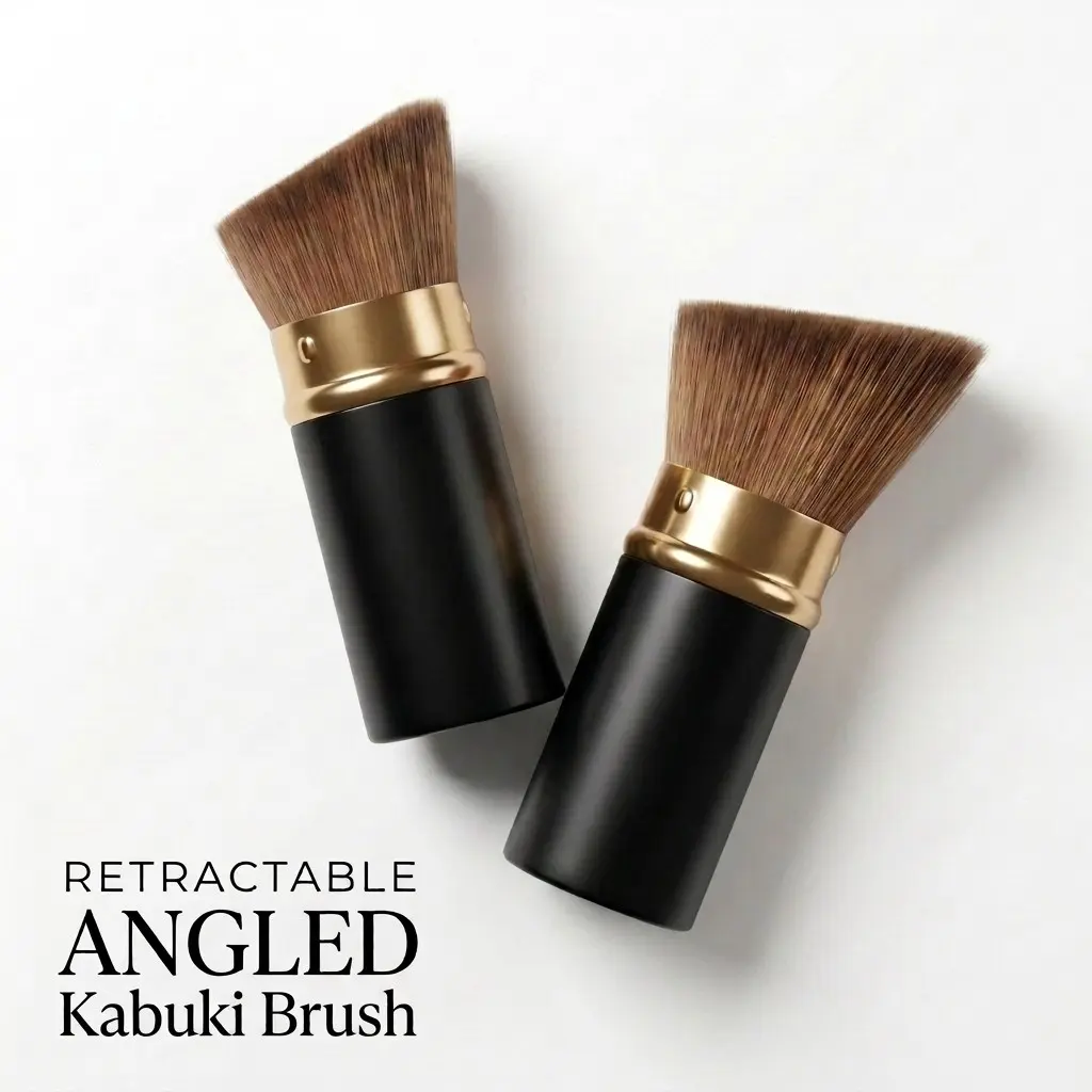 Retractable Angled Face Brush (Kabuki Brush)—a portable, multi-functional travel brush suitable for blush, loose powder, contour, and foundation; specially designed to blend liquid and cream products for a flawless, refined finish; features cruelty-free,