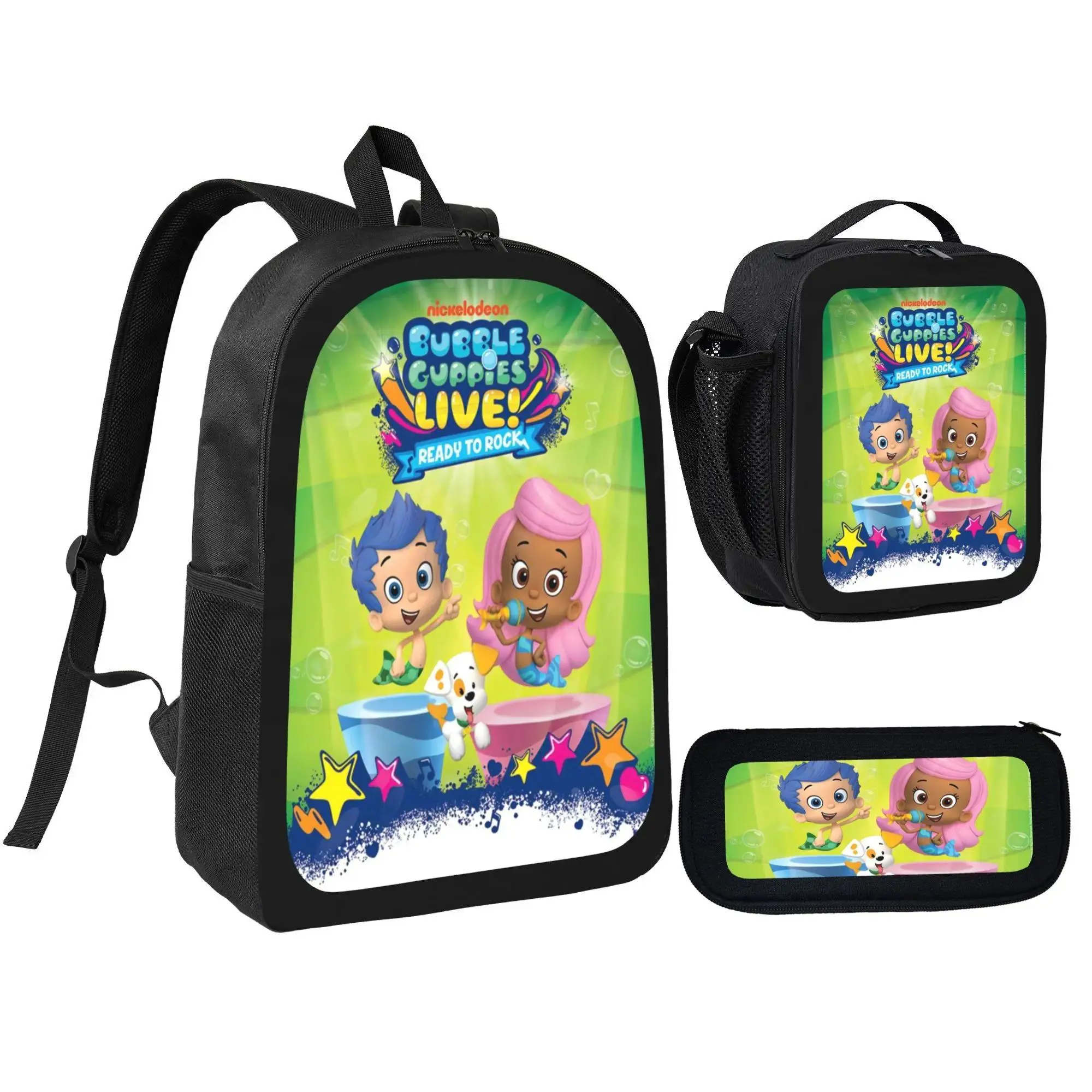 Bubble Guppies 3-in-1 Synthetic Backpack Set with Zipper, Cute Cartoon Print School Bag Combo, Lightweight Casual Daypack, Insulated Lunch Bag & Pencil Case for Kids Cartoon Fans Daily Use