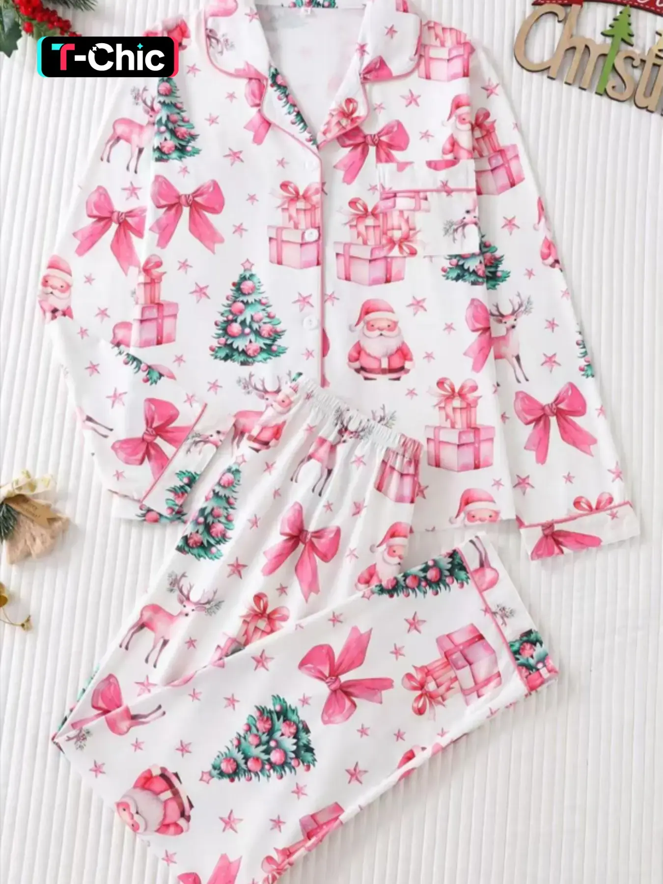 Christmas Cartoon Print Women's Long Sleeve Pajama Set, Soft Skin-Friendly Fabric, Loose Fit, Holiday Home Wear, Two-Piece Set, Loungewear