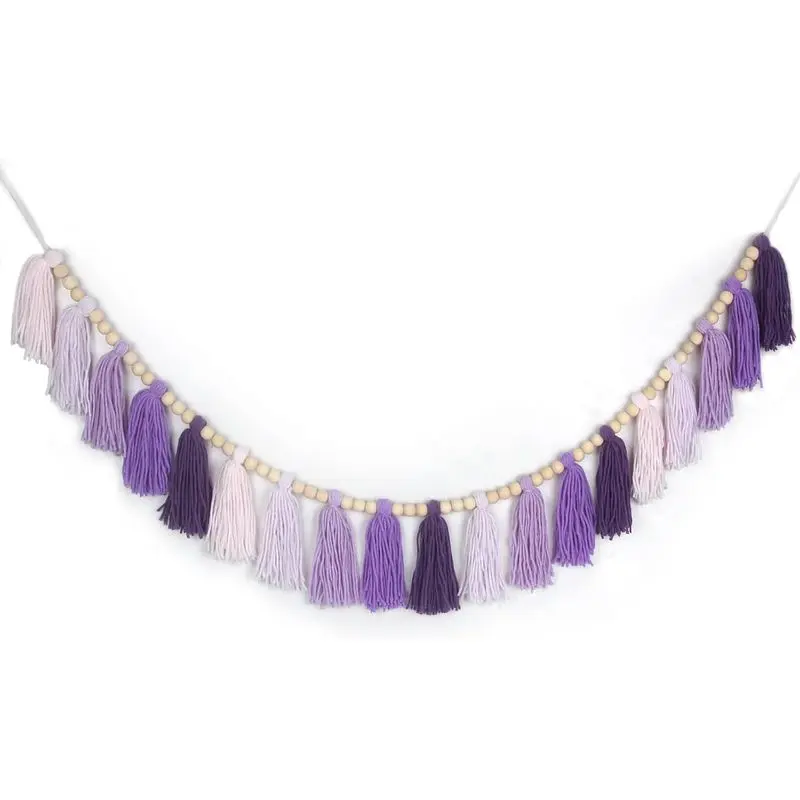 Purple Yarn Wood Beaded Garland with Varied Tassels, Boho Lavender Wall Hanging Banner for Nursery Girls, Birthday Party Decor & Party Decorations