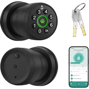 Fingerprint Door Knob,  Biometric Door Lock with Keypad for Front Door, Bedroom, Interior or Exterior Use in Matte Black