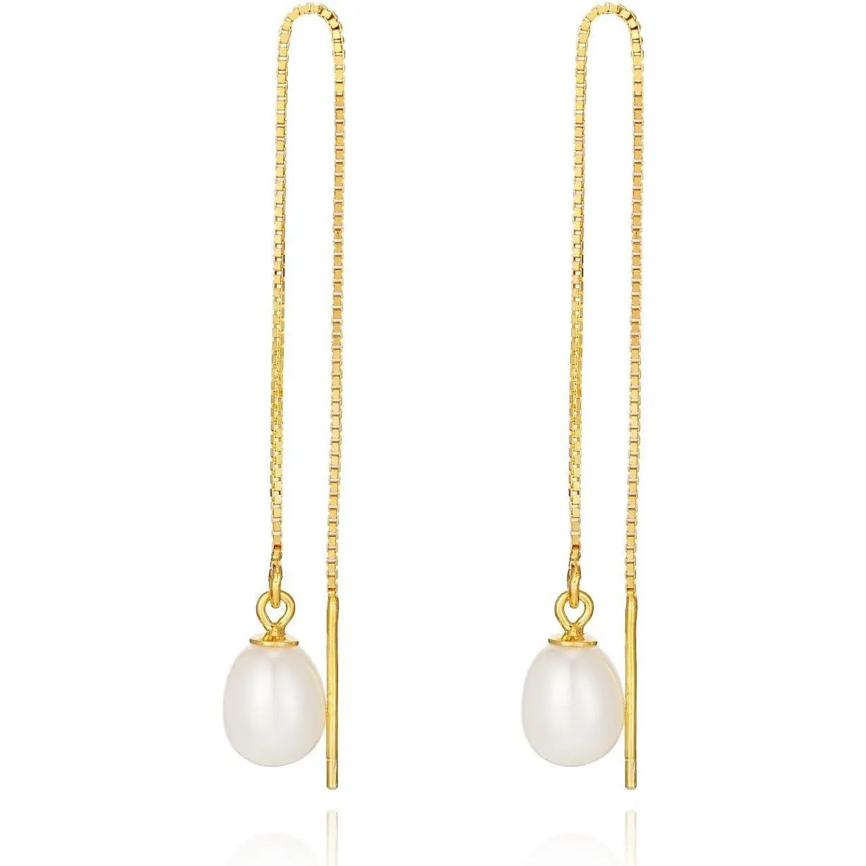 Vermeil Chain Freshwater Pearl Earrings for Women, Gold Threader Earrings, Gold plated on S925 Sterling Silver, Hypoallergenic Thread Through Dangle Earrings