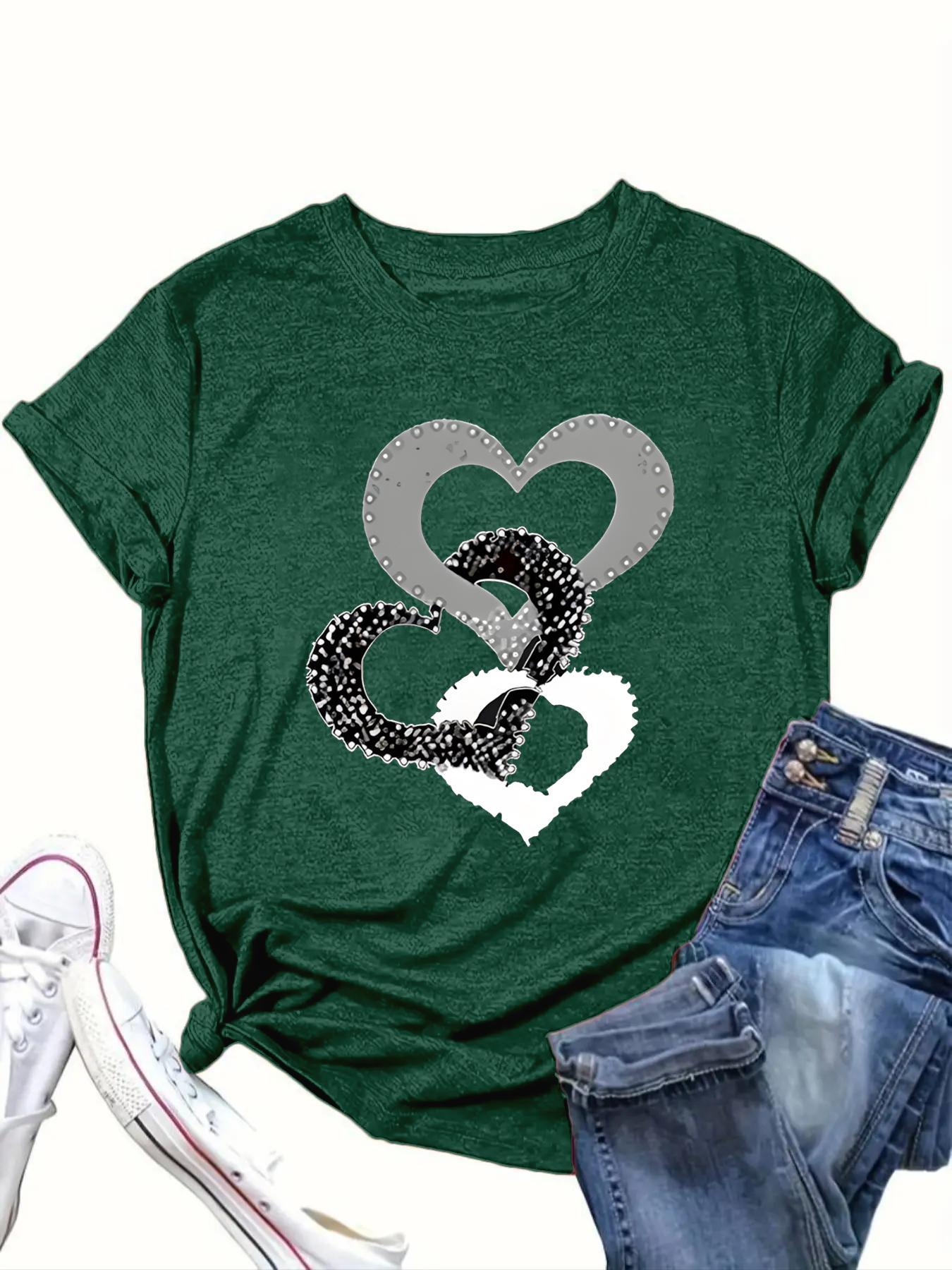 【Plus Size】 Heart Print Round Neck Knit Tee, Casual Short Sleeve Crew Neck Breathable T-shirt for Daily Wear, Women Clothing for All Seasons, Womenswear