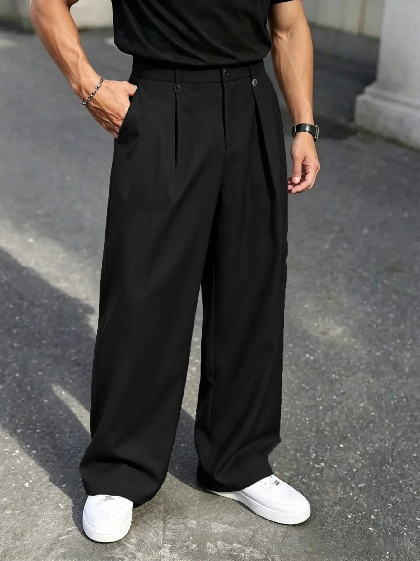 Men's Lightweight Business Casual Wide Leg Pants, All-Season Plain Solid Color Design, Comfortable and Durable, Ideal for Daily Wear