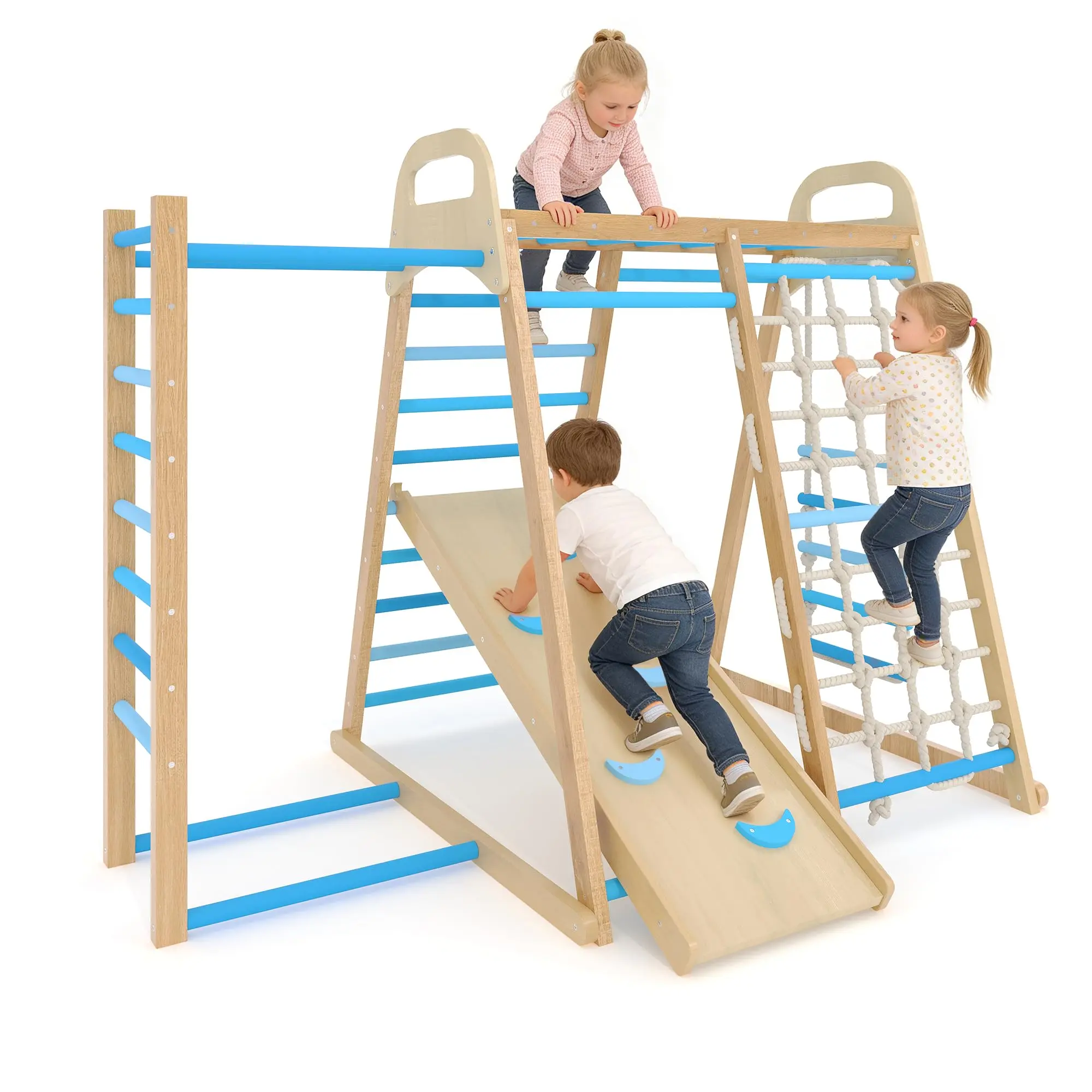 7-in-1 Wooden Indoor Jungle Gym for Toddlers – Multi-Activity Climbing Playset with Slide, Swing, Sensory Integration – Sturdy Indoor Playground Frame