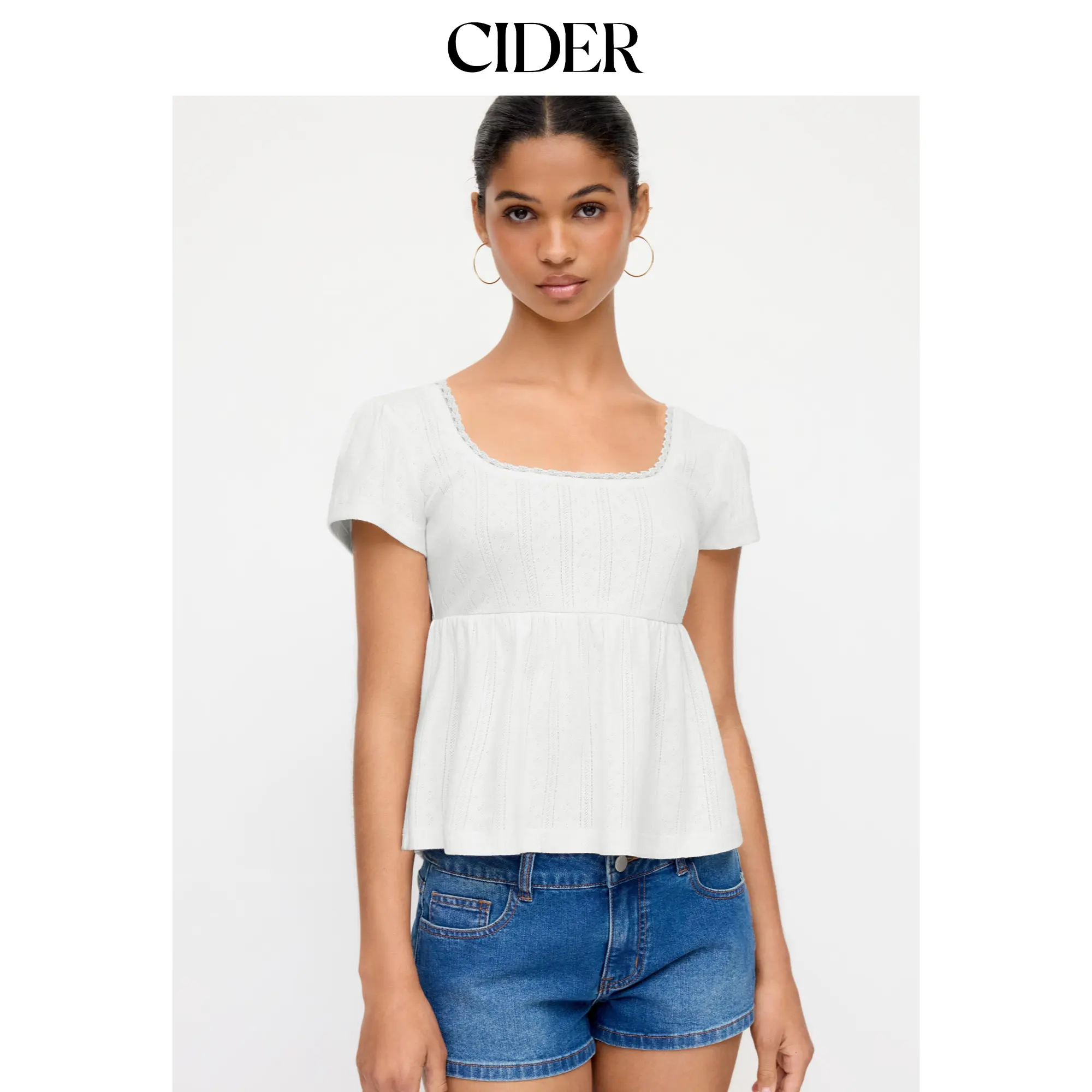 Cider Scoop Neck Babydoll Lace Trim Peplum Short Sleeve Top Shirts Womenswear SummerWins SummerFinds