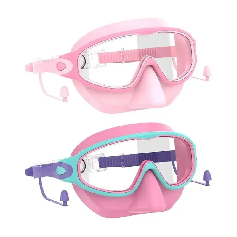 New Kids Swimming Goggles with Earplugs and Nose Guard, LargeAnti-Fog UV Waterproof Dual-Piece Snorkel Mask for Children Ages 3-15, 2-Pack,Ideal for Boys and Girls.