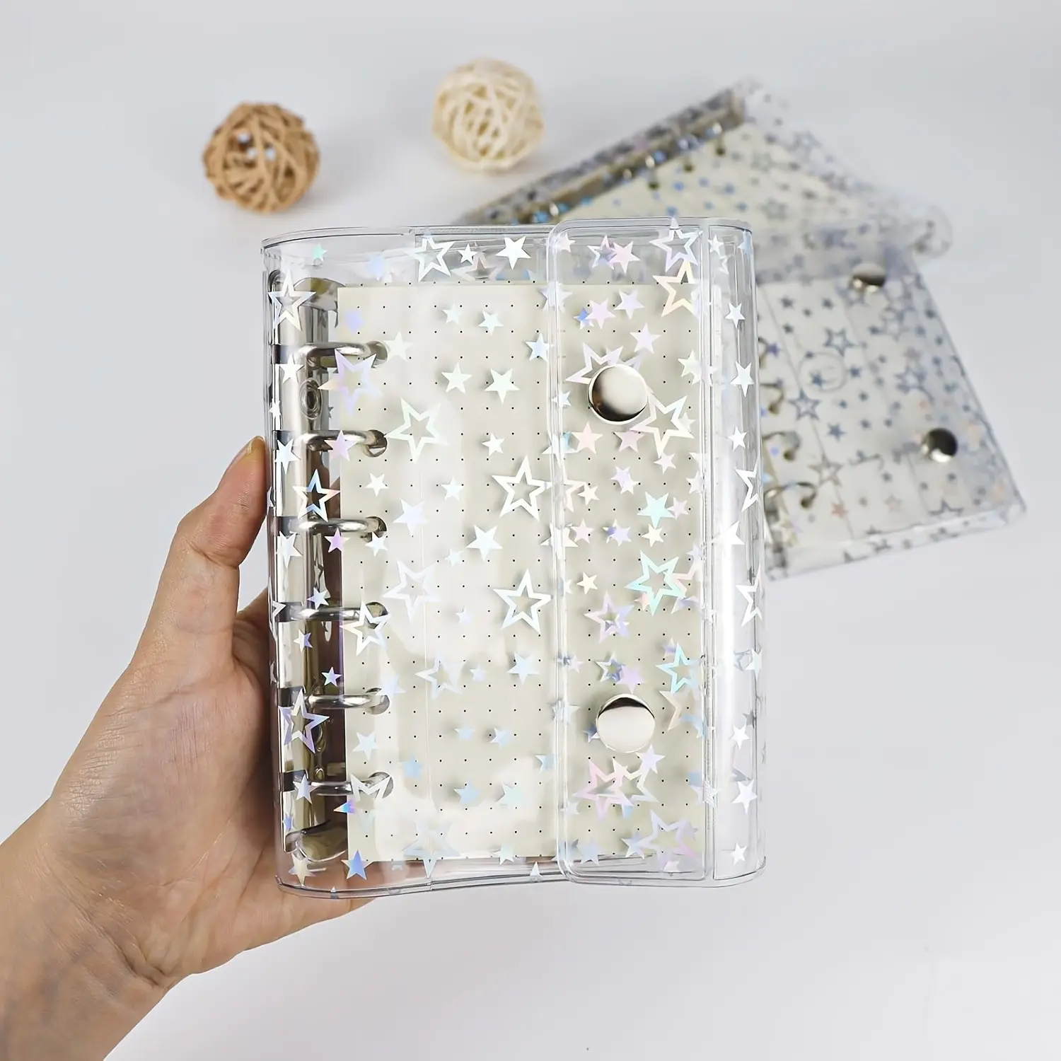 Starlight A7 Transparent Binder, Laser Clear Soft PVC Material, Replaceable A7 Size 6-Ring Dual Clip Closure, Portable File Organizer Notebook, Refillable Binder