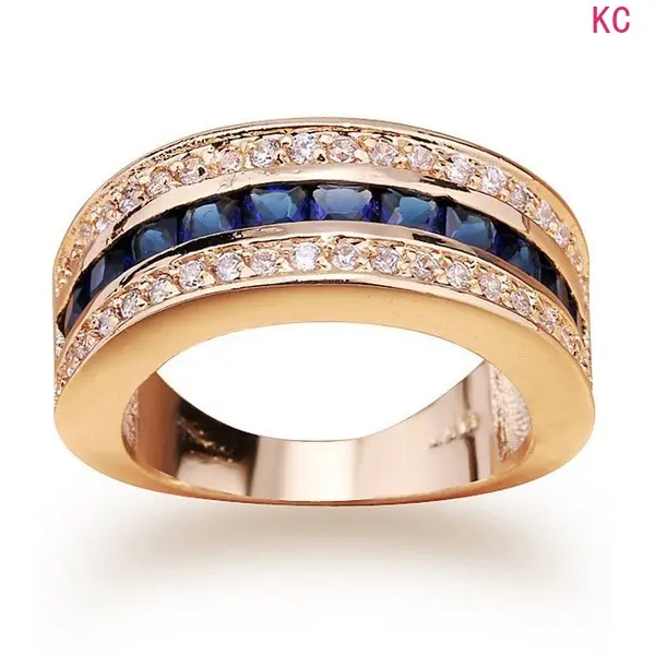 18K Gold Plated Square Sapphire Ring With Full Paved Stones, Shiny Finger Jewelry For European American Men And Women Daily Wear