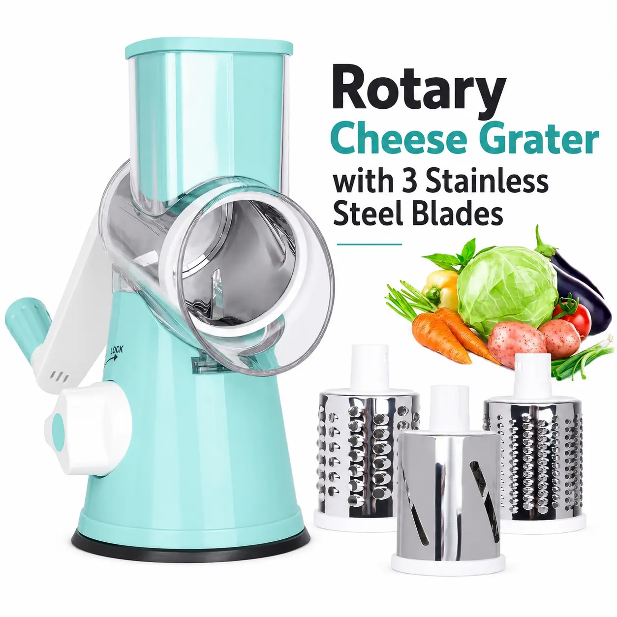 MIUVA Rotary cheese grater, manual roller slicer, vegetable grater with 3 stainless steel blades; also suitable for grating carrots and chopping nuts; a kitchen gadget for salad and meal preparation shredding machine labor-saving