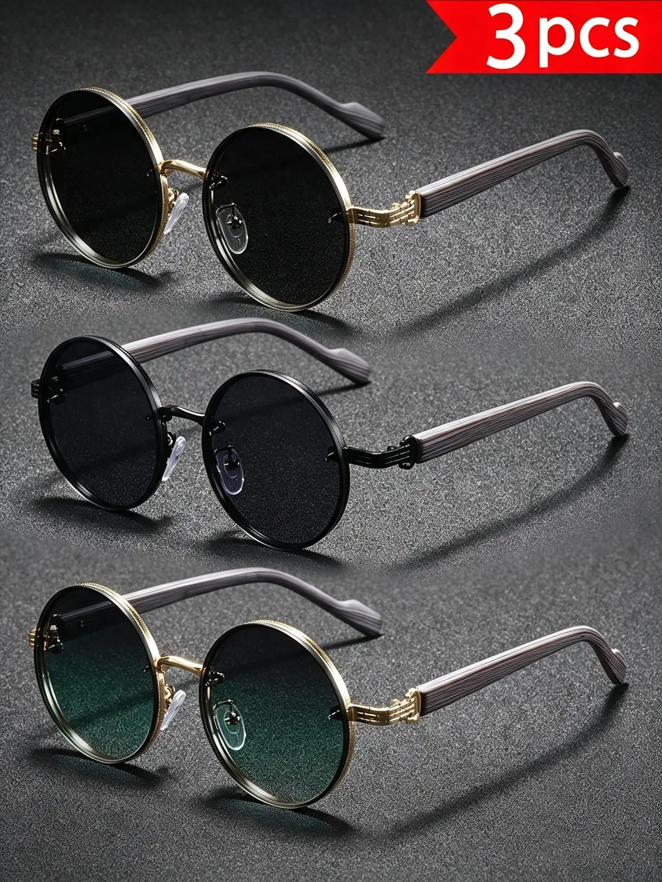 3pcs Steam Punk Men's Casual Outdoor Sunglasses, Vintage Round Metal Frame, Uv400 Protection, Travel, Driving, Sports, Beach, Party, Trendy Streetwear Sunglasses, Streetwear