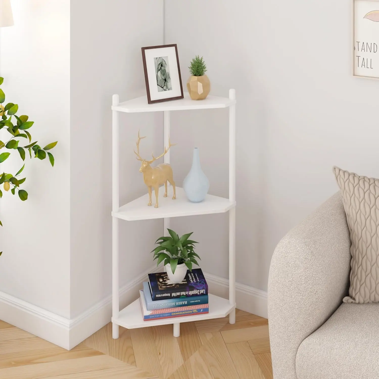 Wisuce White 3-Tier Bamboo Small Corner Shelf Stand, Space-Saver Organiser Shelves for Bathroom, Bedroom & Plant Display