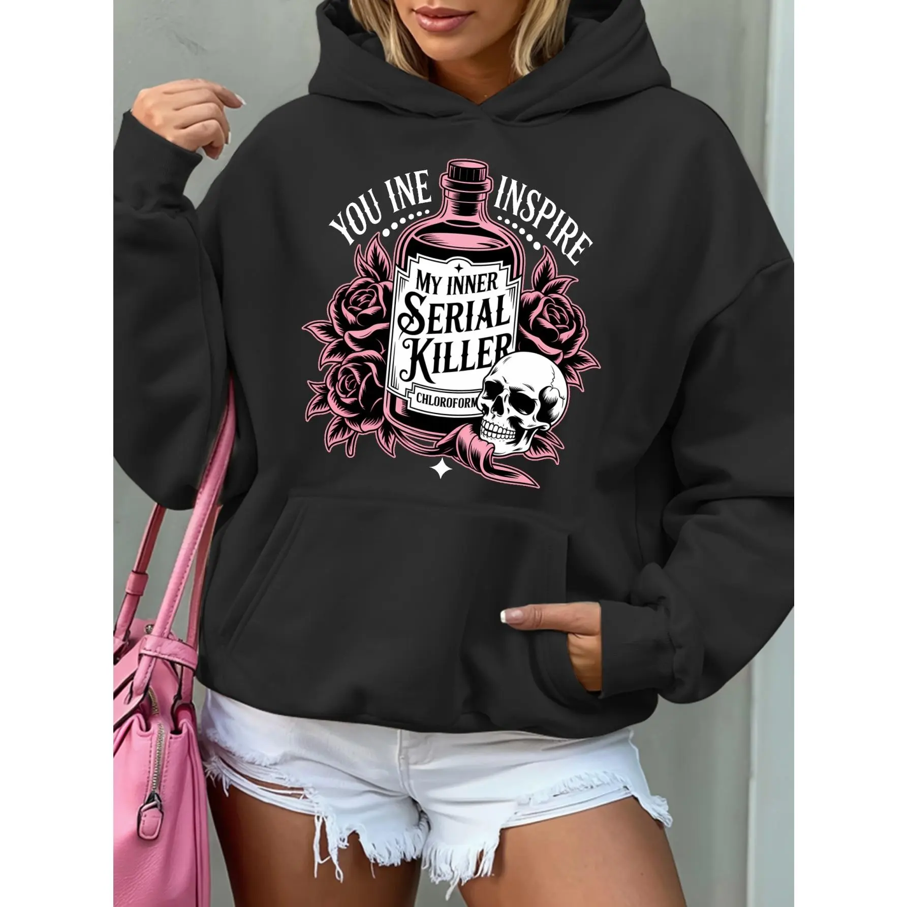 MY INNER SERIAL KILLER Women's Casual Sweatshirt Printed Hooded Pullover, Women's Autumn and Winter Warm Casual Long-sleeved Sweatshirt, Women's Top (with Pocket) Exquisite Gift for Family and Friends