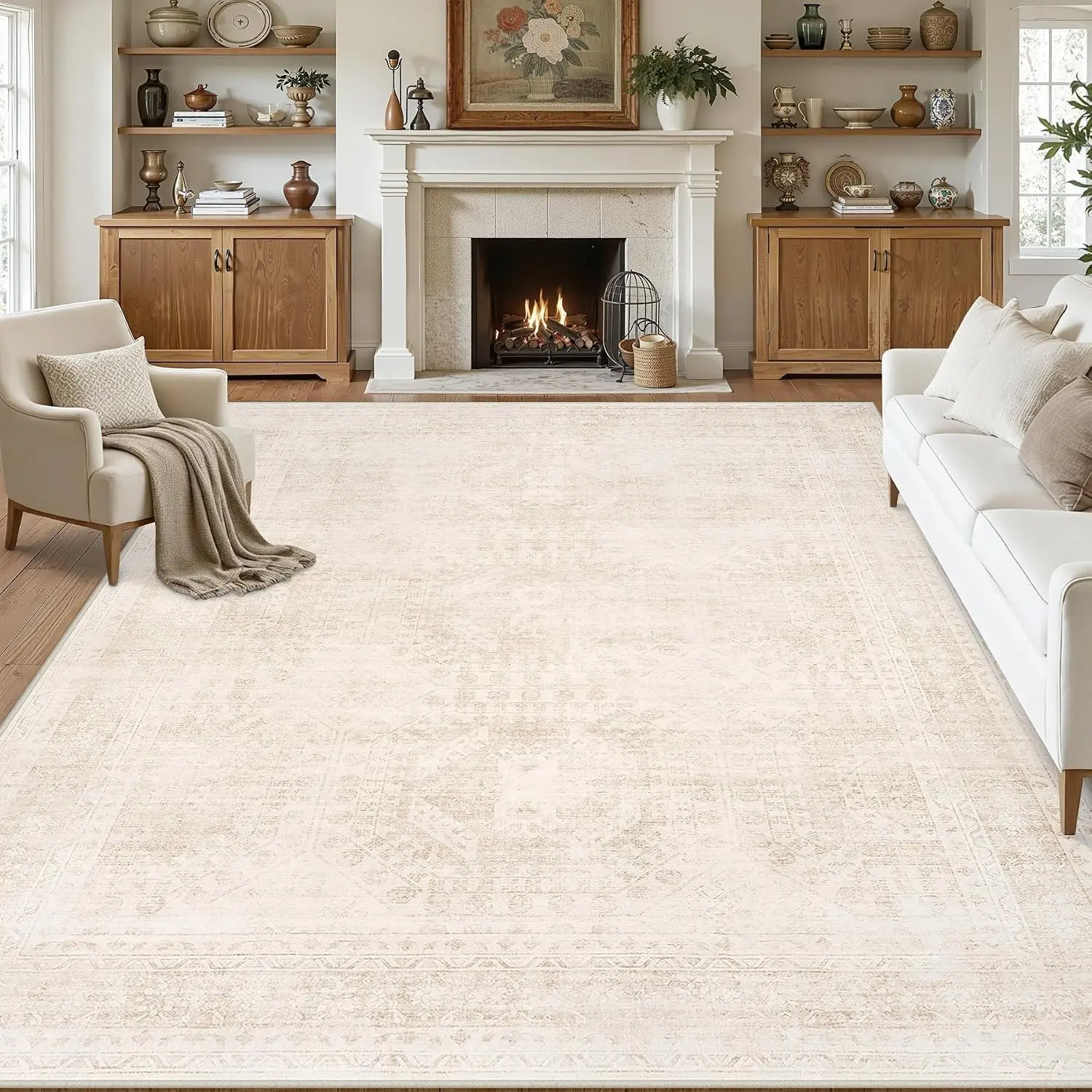 8x10 Area Rugs for Living Room: Vintage Boho Neutral Washable Rug Indoor Soft Large Area Rug Carpet for Bedroom Nursery Farmhouse Dining Room Office Floor Non-Slip Low Pile Under Table Rug Beige