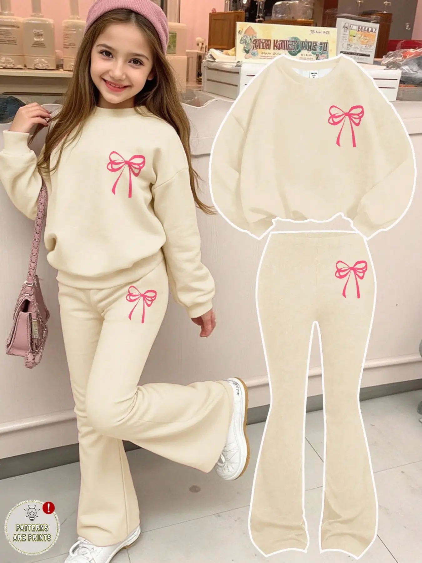 Girls' Bow Sweatshirt and Wide-Leg Pants Set, Sweet Korean Fashion Style, Soft Skin-Friendly Print Design, Daily for Fall & Winter