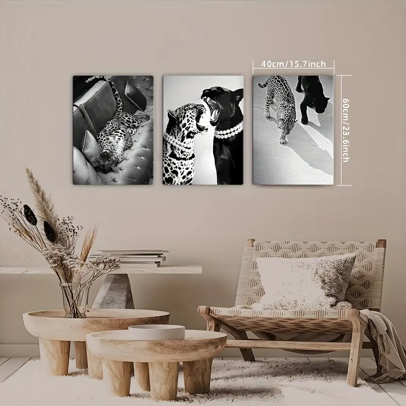 3pcs Pine Wood Frame-Style Black And White Cheetah Print Canvas Wall Art - Decorative Home Inspo Wood Wall Decor, Indoor Decoration for Bedroom, Living Room