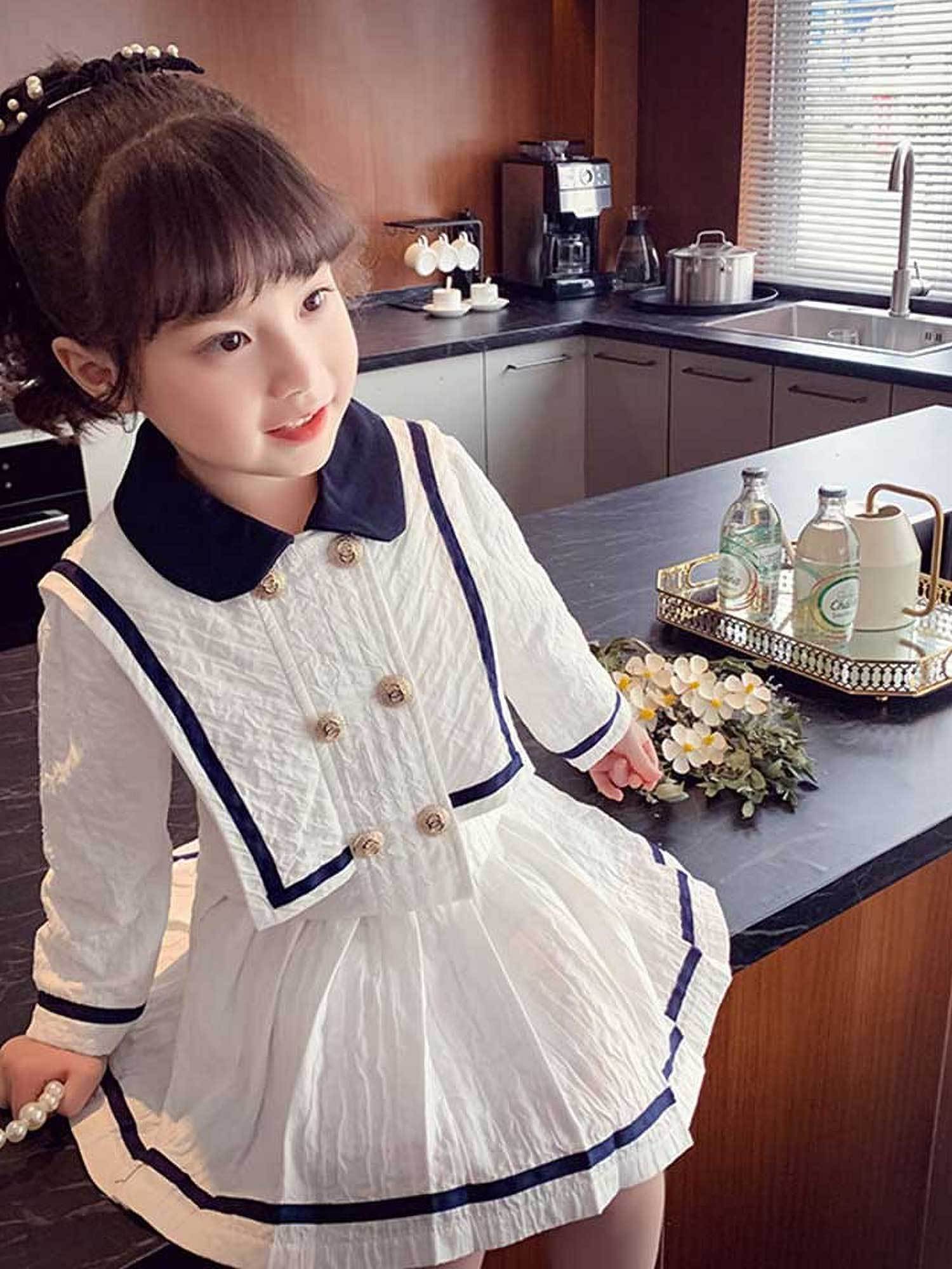 Girls' Exquisite Little Chic Suit Dress |         White Short - Style Golden - Buttoned Coat Matched with Pleated Skirt, Navy Blue Trim, Elegant Temperament, Fashionable and Sweet Two - Piece Set for Little Girls,