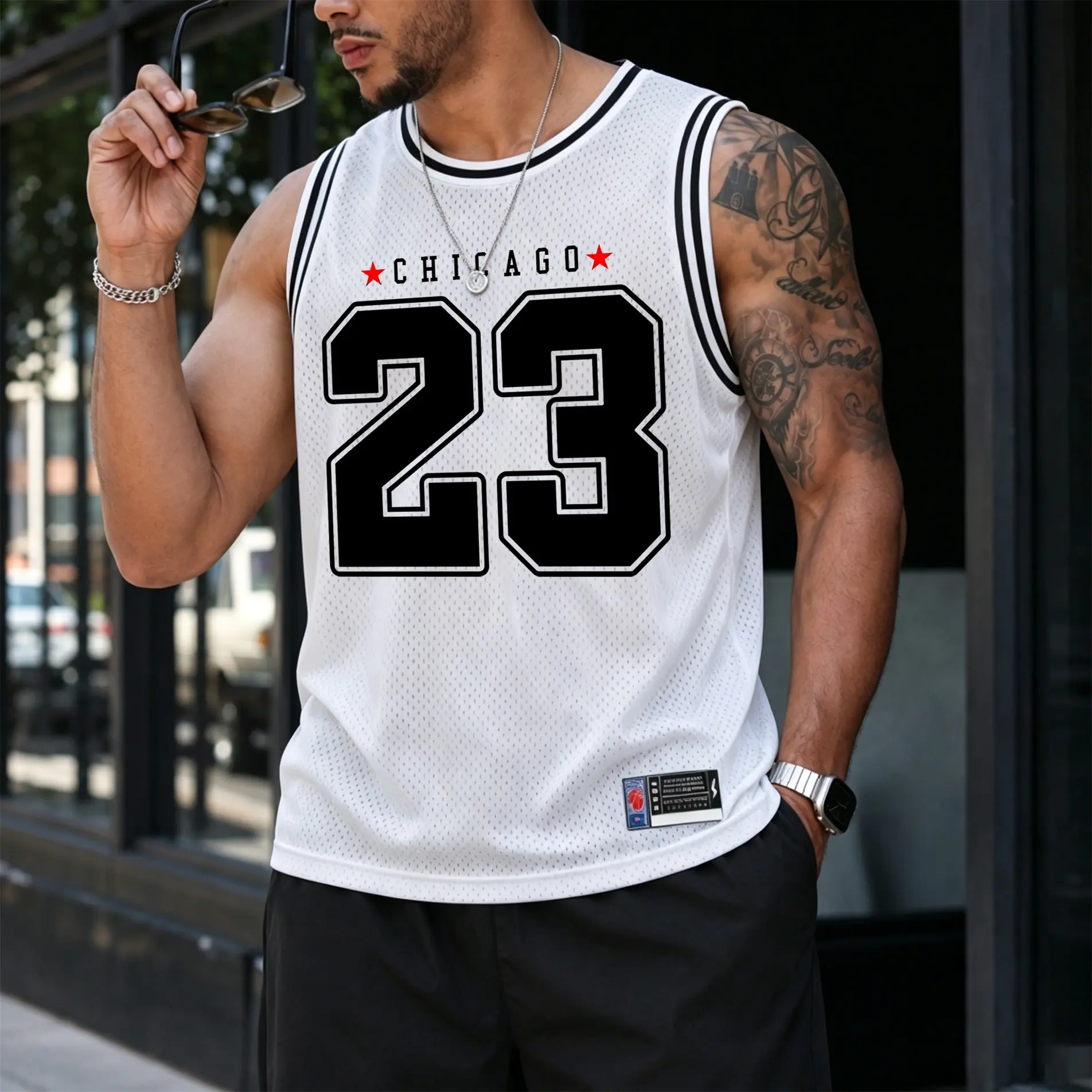 Men's Retro Mesh Tank Top "Chicago 23”" Basketball Graphic; A Sleeveless, Athletic Jersey-Style Top Designed For Breathability—Perfect For Workouts, Running, Or Casual Street-Style Summer Wear.