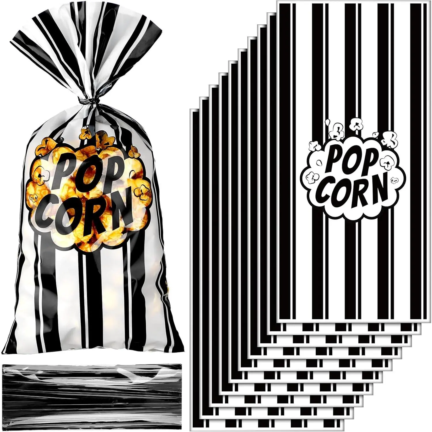 Disposable Striped Popcorn Snack Bags Bulk (200 Pieces, 4.9x10.8"), Plastic Popcorn Machine Containers with Twist Ties for Movie Night, Carnival Party Supplies, Stripes