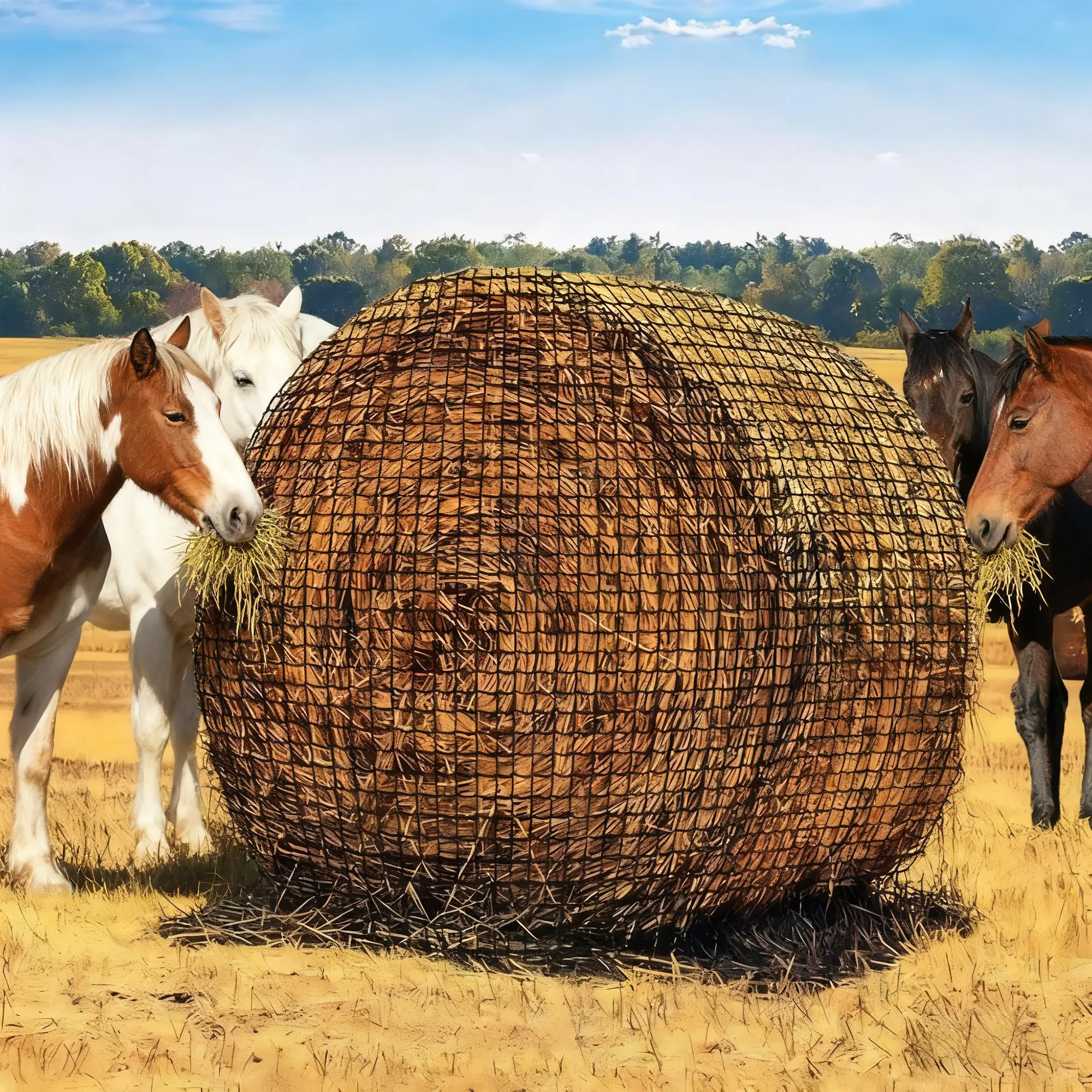 Round Bale Hay Net 5x5/6x6 ft, 2 Sizes, Knotless Slow Feed Net with 2 in Holes, Heavy-Duty Nylon for Livestock
