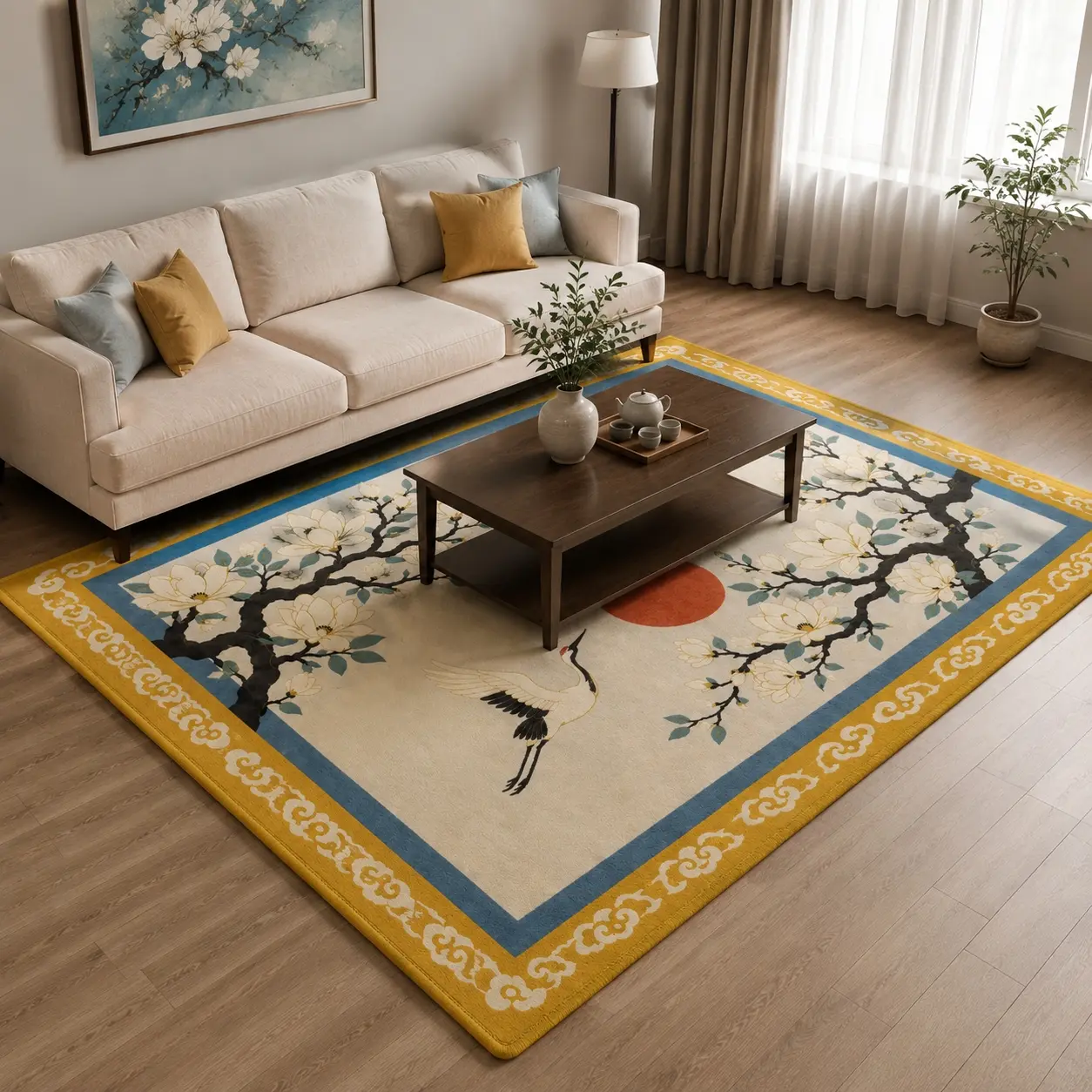 Chinese Crane and Magnolia Pattern Rug Long Pile Faux Cashmere High Definition Print Machine Washable Non-Slip Living Room Bedroom Rug