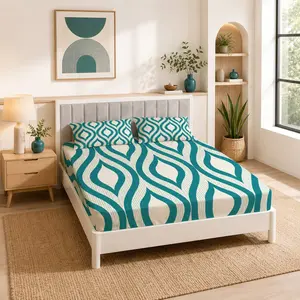 Mid-century Geometric Fitted Sheet Set, 3 Pcs (1 Fitted Sheet + 2 Pillowcases, No Inserts). Retro Abstract Wave & Teardrop Prints, Breathable Deep Pocket Design, for Bedrooms and Guest Rooms. Great Gift for Birthdays and Festivals