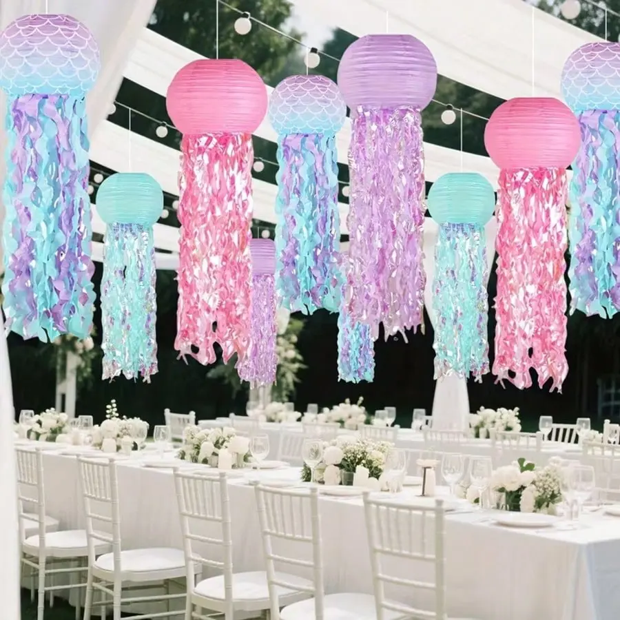 5pcs Mermaid Jellyfish Lantern with Tassel and Glitter Film, Perfect for Birthday Party Decorations, Wedding, Holiday Parties, Underwater Theme