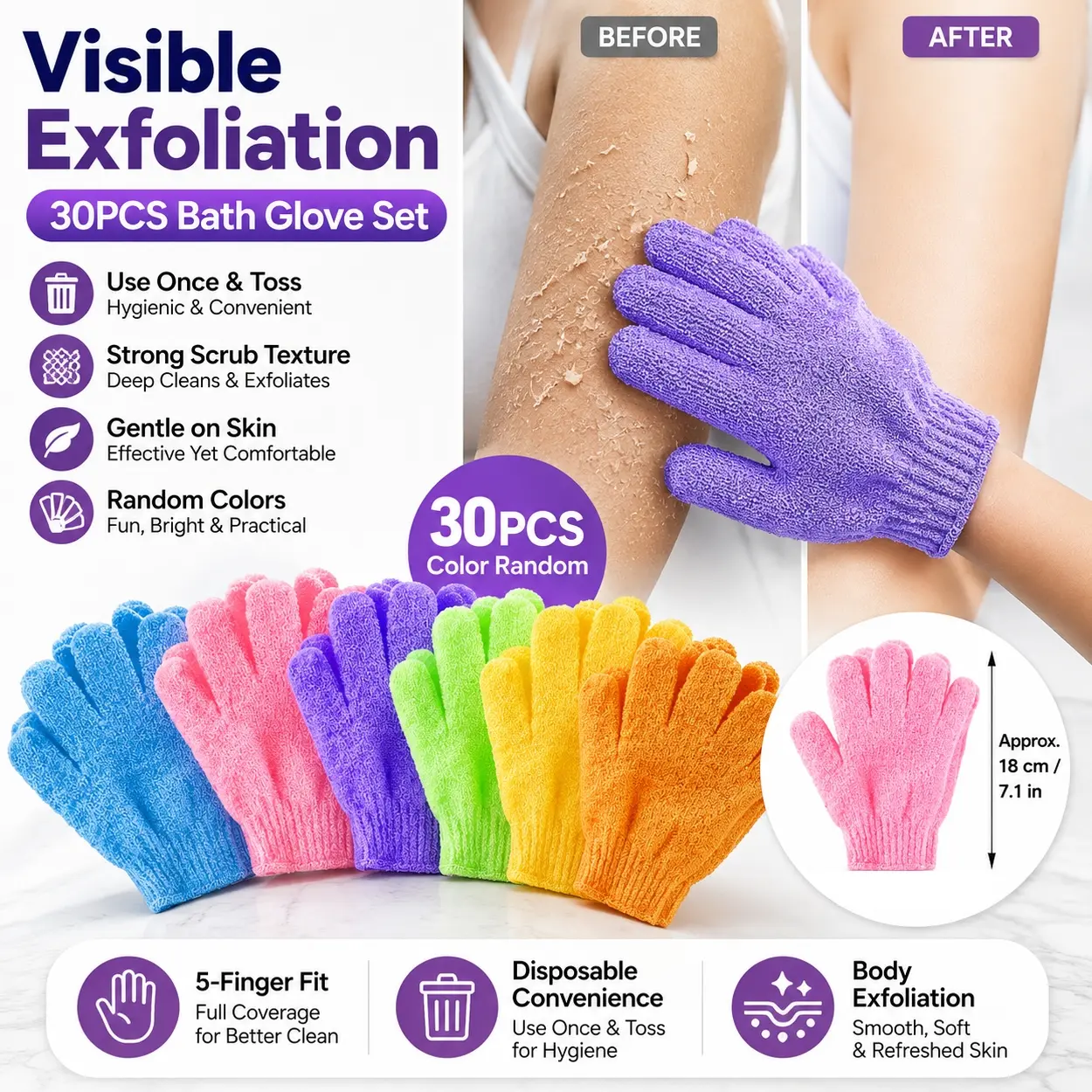 30 Pack Disposable Exfoliating Shower Gloves, Colorful Five Finger Bath Scrub Mitts with Textured Surface, Body Wash Accessories for Removing Dirt, Dead Skin and Buildup, Spa Shower Cleaning Gloves for Women Men Bathroom Travel Use