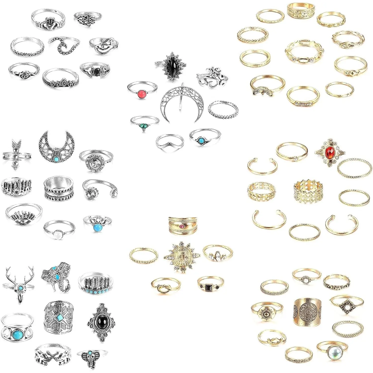 70 Pcs Vintage Boho Knuckle Ring Set for Women, Gold & Silver Two Tone Stackable Midi Joint Finger Rings Bulk Retro Daily Stacking Jewelry Gift