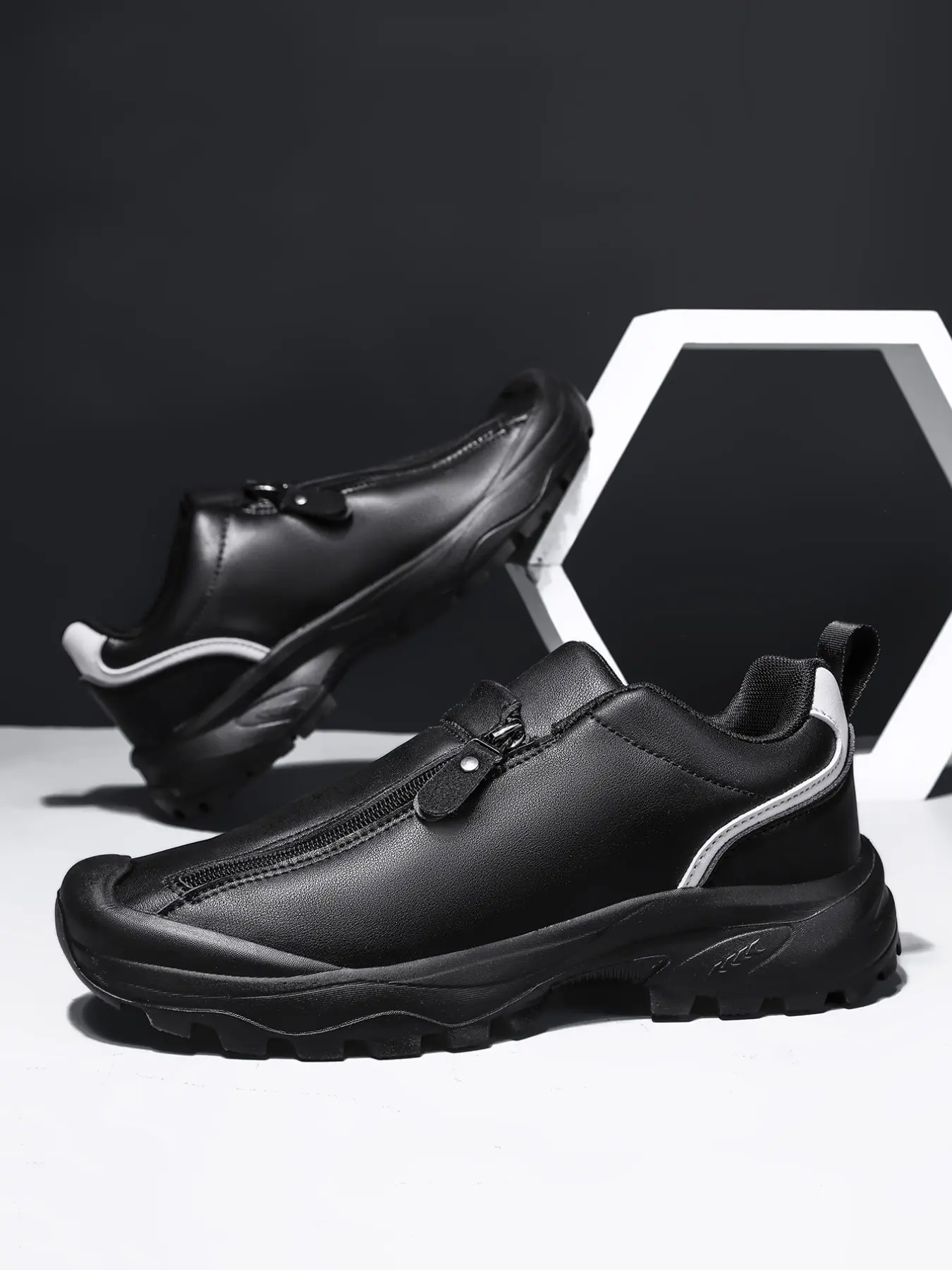 Side Zipper Men's Workwear Casual Shoes, Metal Zipper Design, Slip-On, Thick Sole, Anti-Slip, Durable, Comfortable, Versatile