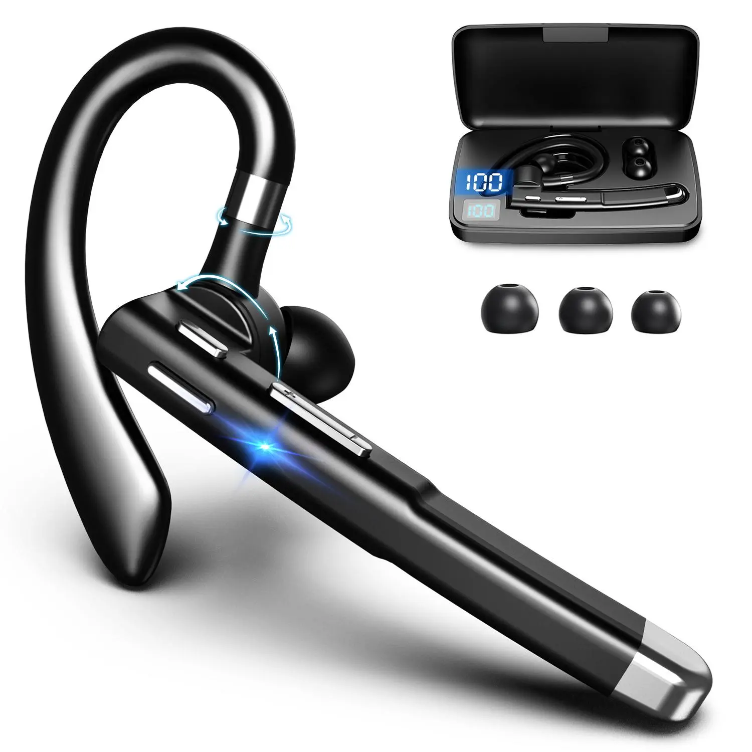 1 Count Single-Ear Wireless Headset with Microphone, Comfortable Earhook Earpiece with Digital Power Display Charging Case, Hands-Free Earphone for Calls, Driving, Work and Travel