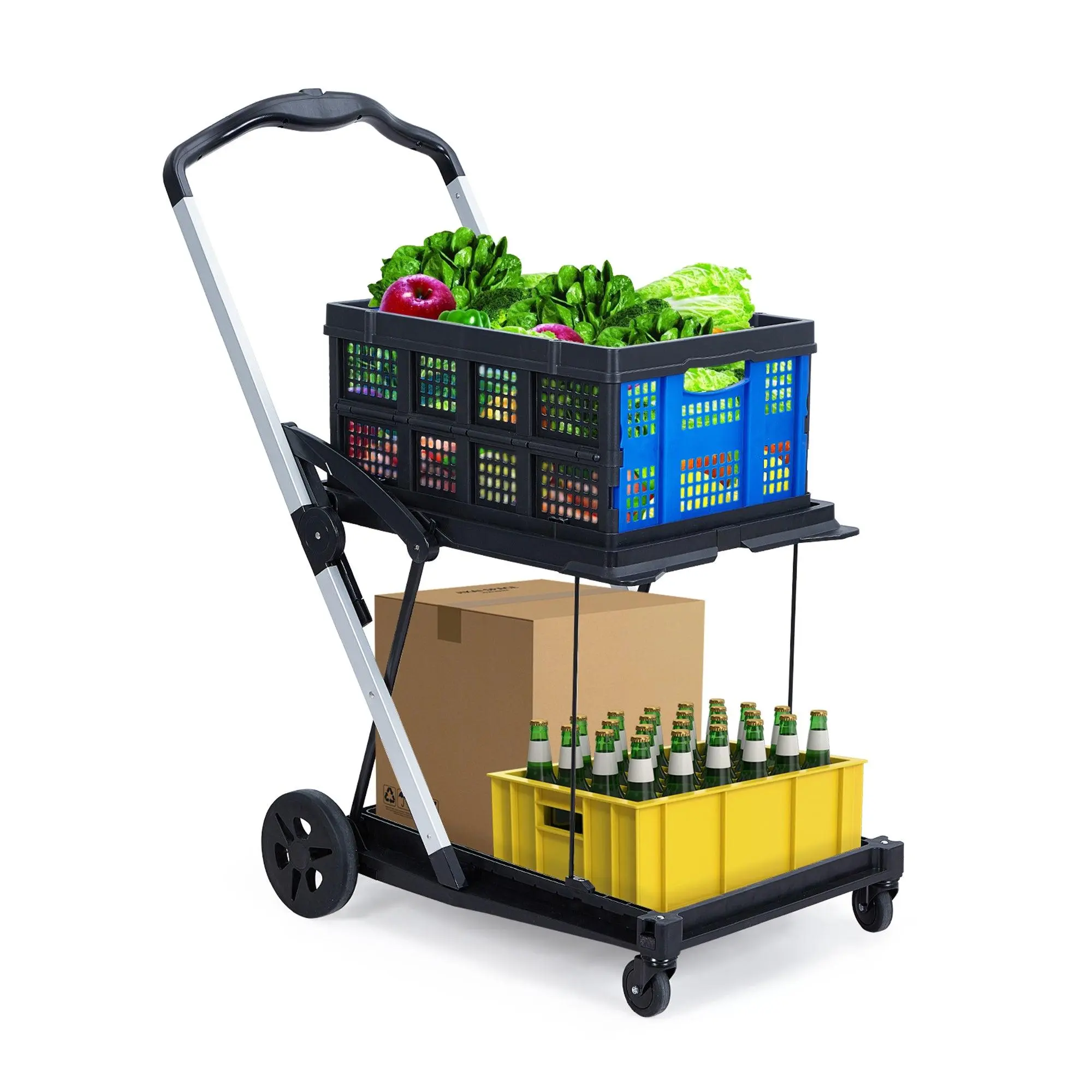 GARVEECollapsible Shopping Cart with Wheels and Removable Storage Crate, Foldable Grocery Cart, Multi-Use Portable Rolling Cart for Home, Groceries, and Supermarket